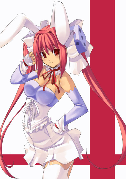 shingo (missing link), usada hikaru, di gi charat, 1girl, animal ears, detached sleeves, dice, female focus, pink hair, rabbit ears, red eyes, solo, thighhighs, twintails, zettai ryouiki
