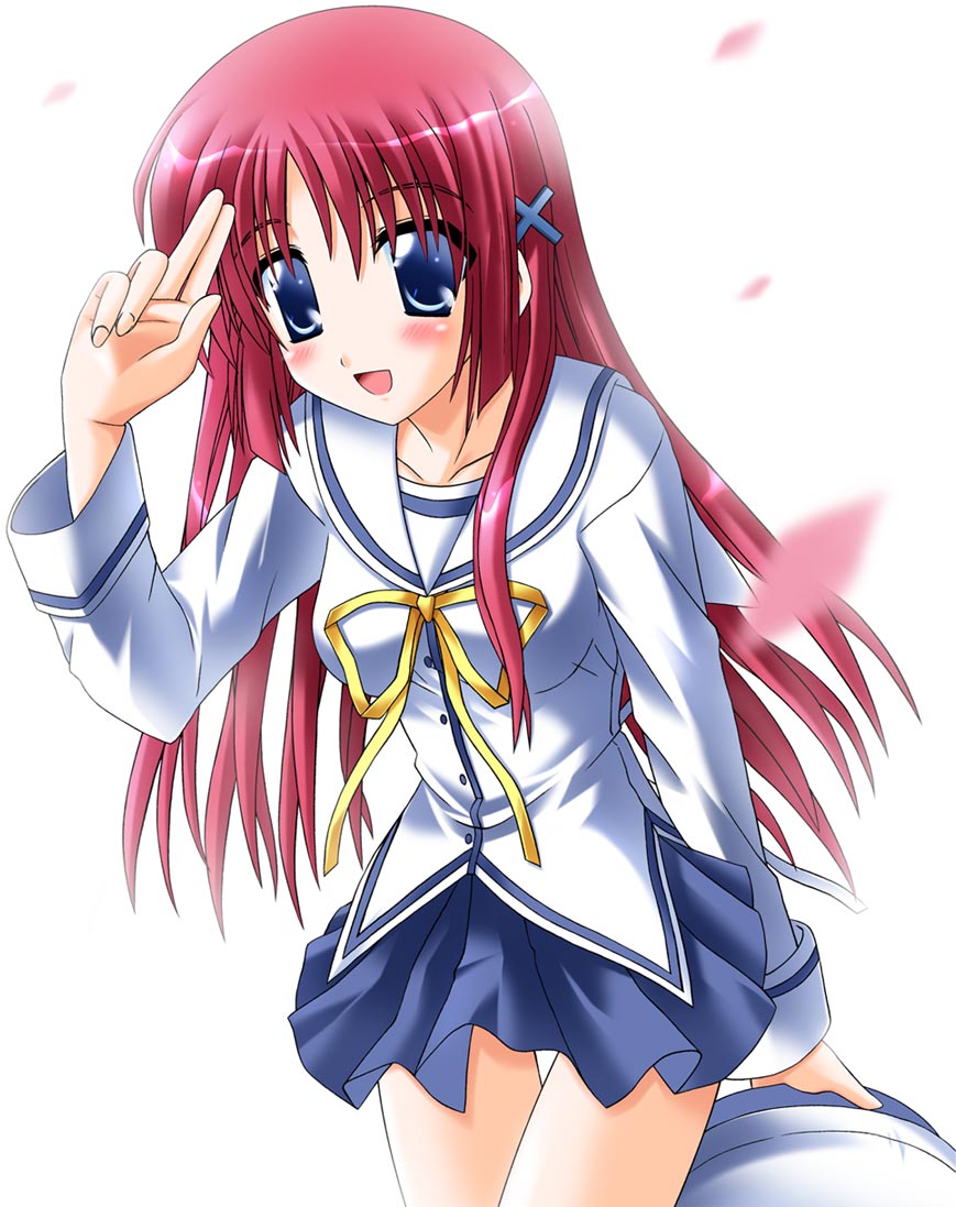 otoki raku, shirakawa kotori, da capo, da capo i, 00s, 1girl, :o, beret, blue eyes, blurry, blush, cherry blossoms, chiwassu, collarbone, depth of field, female focus, hair ornament, hairclip, hat, holding, holding unworn clothes, holding unworn hat, long hair, long sleeves, looking at viewer, open mouth, perspective, petals, pleated skirt, red hair, ribbon, salute, school uniform, serafuku, simple background, skirt, solo, standing, thigh gap, two-finger salute, unworn hat, unworn headwear, white background