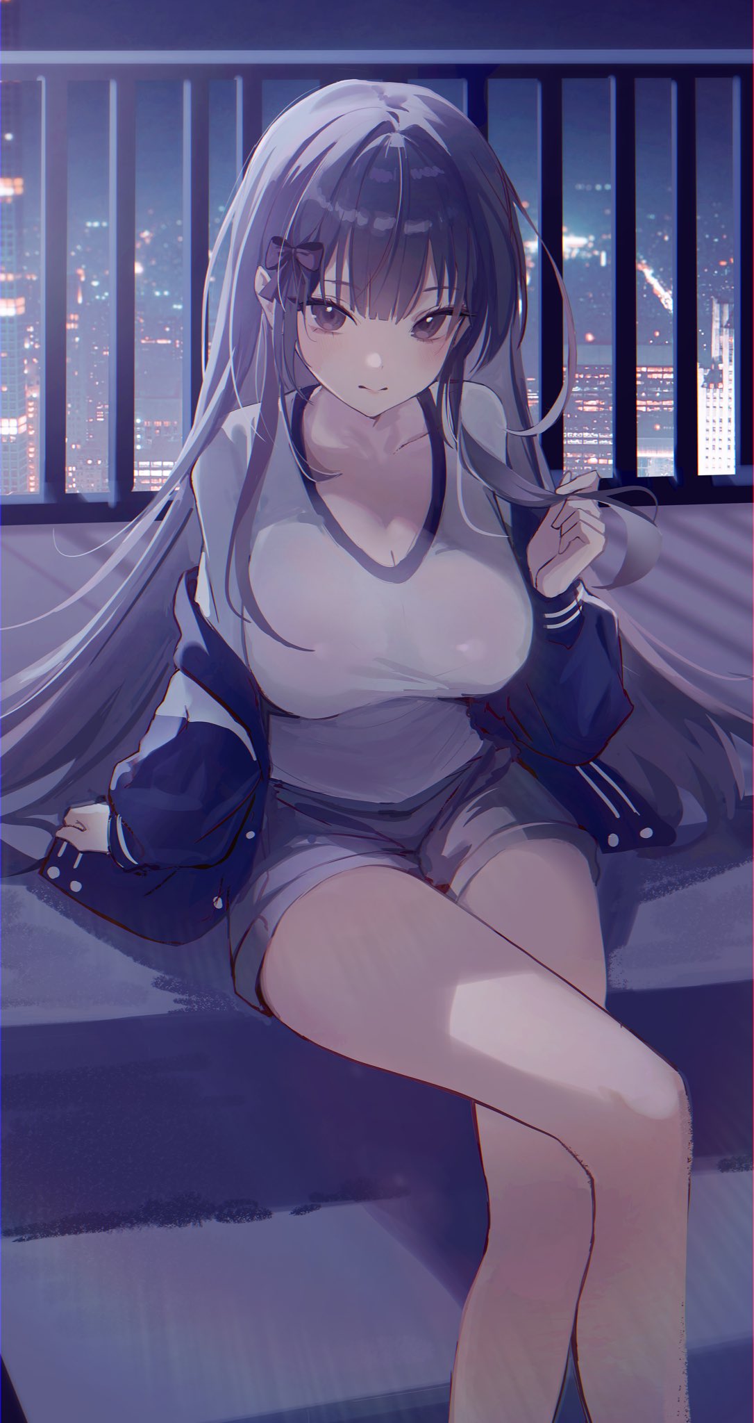 vb vibe, original, highres, 1girl, blue jacket, blush, bow, breasts, city lights, cityscape, cleavage, closed mouth, collarbone, hair bow, hair ornament, jacket, large breasts, long hair, looking at viewer, night, on rooftop, open clothes, open jacket, outdoors, purple eyes, purple hair, rooftop, shirt, shorts, sitting, solo, white shirt