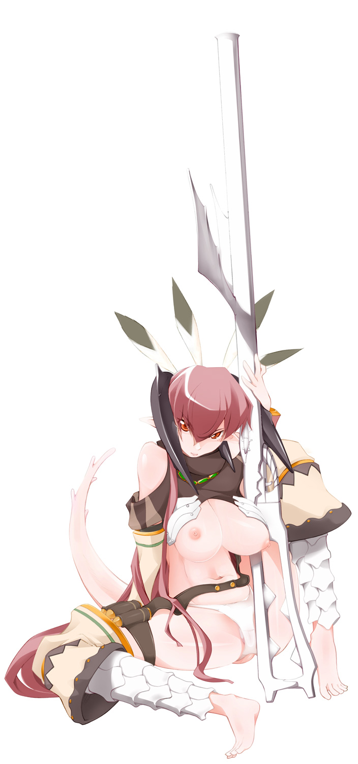 miito shido, highres, 1girl, armor, barefoot, breasts, fantasy, female focus, gun, medium breasts, nipples, solo, weapon