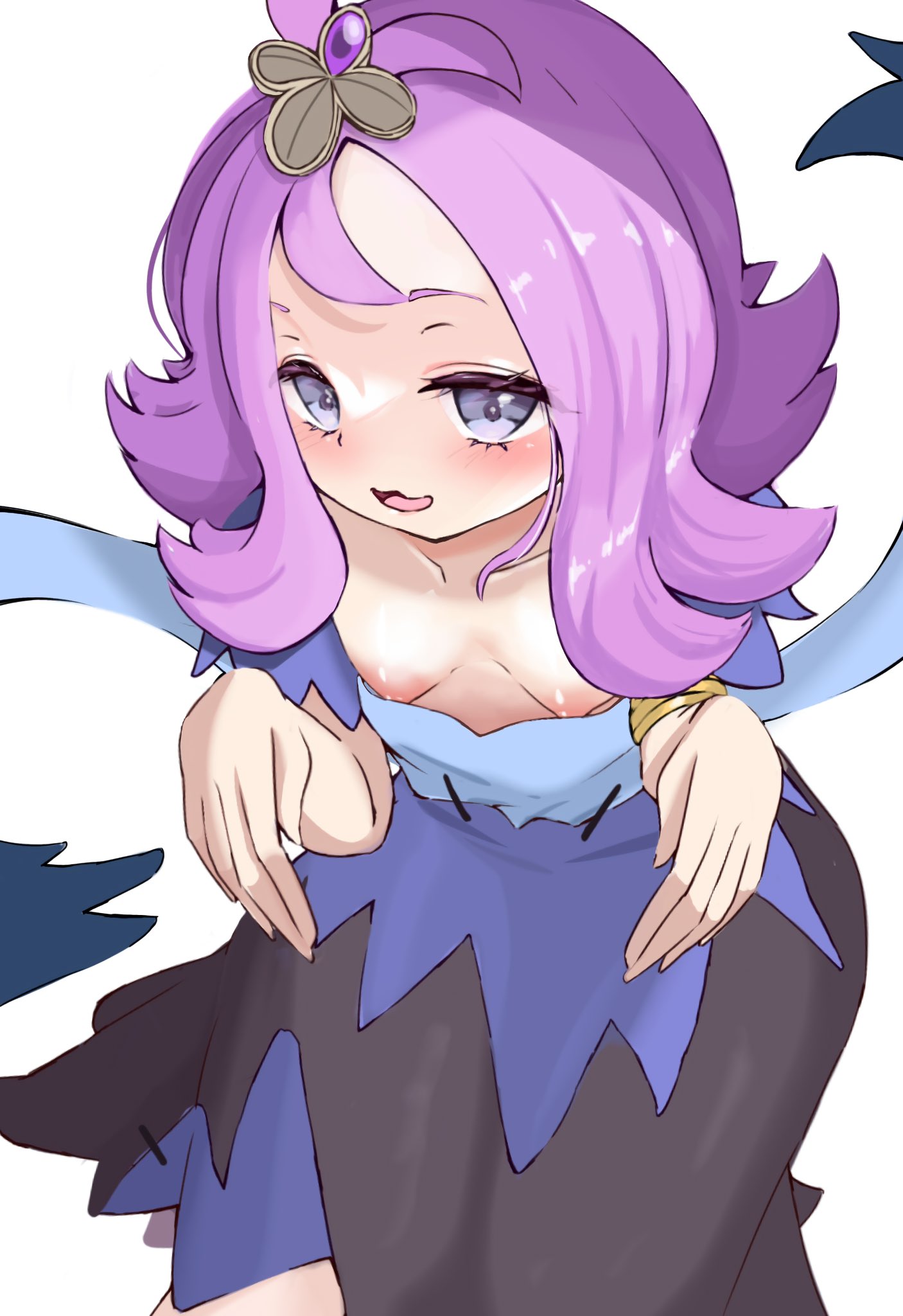 atsugi111, acerola (pokemon), nintendo, pokemon, pokemon sm, highres, 1girl, blush, braid, breasts, collarbone, dress, from above, ghost pose, grey eyes, hair ornament, looking at viewer, medium hair, nipples, open mouth, purple eyes, purple hair, short sleeves, simple background, single braid, small breasts, solo, standing, topknot, torn clothes, torn dress, white background