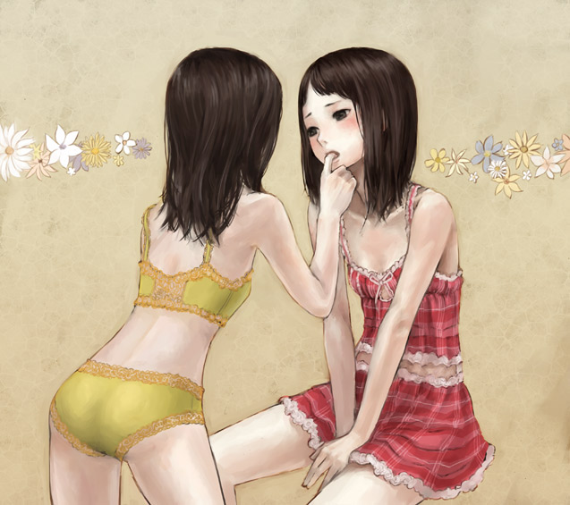 kishida mel, original, 2girls, blush, bra, brown eyes, brown hair, camisole, couple, finger in another's mouth, incest, kneeling, kodomo doushi, lace, lace-trimmed panties, lace trim, lingerie, loli, long hair, miniskirt, multiple girls, panties, siblings, sisters, sitting, skirt, sports bra, training bra, twincest, twins, underwear, underwear only, yellow panties, yuri