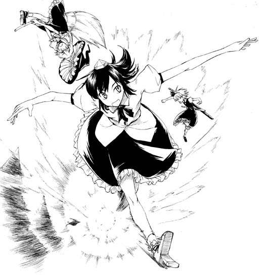 hikawa shou, kirisame marisa, konpaku youmu, shameimaru aya, touhou, 3girls, broom, broom riding, female focus, flying, geta, greyscale, hat, monochrome, motion blur, multiple girls, outstretched arms, running, tengu-geta, tokin hat, witch hat