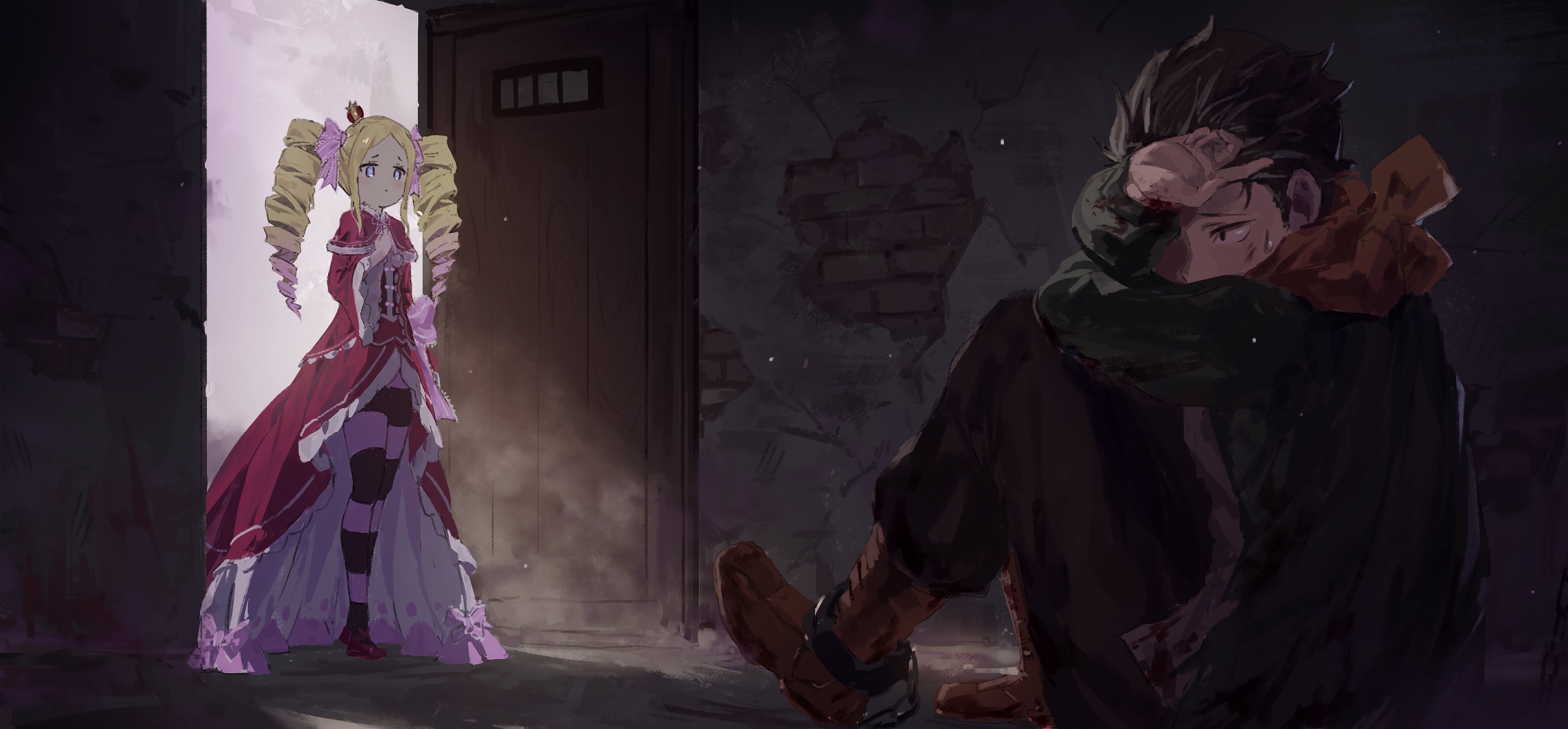 ro ka ro ka, beatrice (re:zero), natsuki subaru, re:zero kara hajimeru isekai seikatsu, absurdres, highres, 1boy, 1girl, black hair, blonde hair, blood, blood on clothes, boots, crown, dress, drill hair, hair ornament, indoors, long hair, mini crown, open door, orange scarf, red dress, scarf, short hair, twin drills