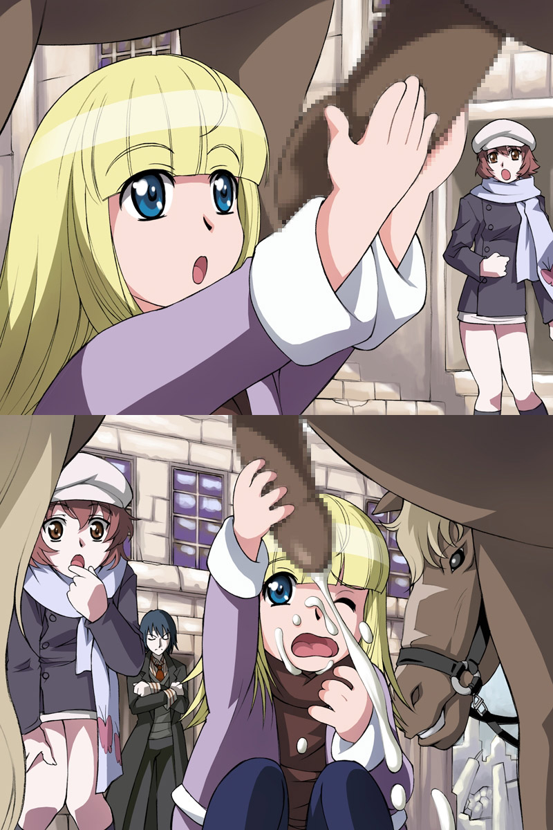 sameha ikuya, aiko harmony, katana (gad guard), sayuri (bad guard), sayuri (gad guard), gad guard, highres, 00s, 1boy, 2girls, :o, animal, animal penis, bestiality, black hair, blonde hair, blue eyes, blunt bangs, brown eyes, censored, closed eyes, coat, crossed arms, cum, cum on body, facial, grin, handjob, hat, hetero, horse, horse penis, huge penis, loli, long hair, looking at penis, miniskirt, mosaic censoring, multiple girls, necktie, newsboy cap, open mouth, outdoors, penis, scarf, skirt, smile, squatting, surprised, two-handed handjob, wince