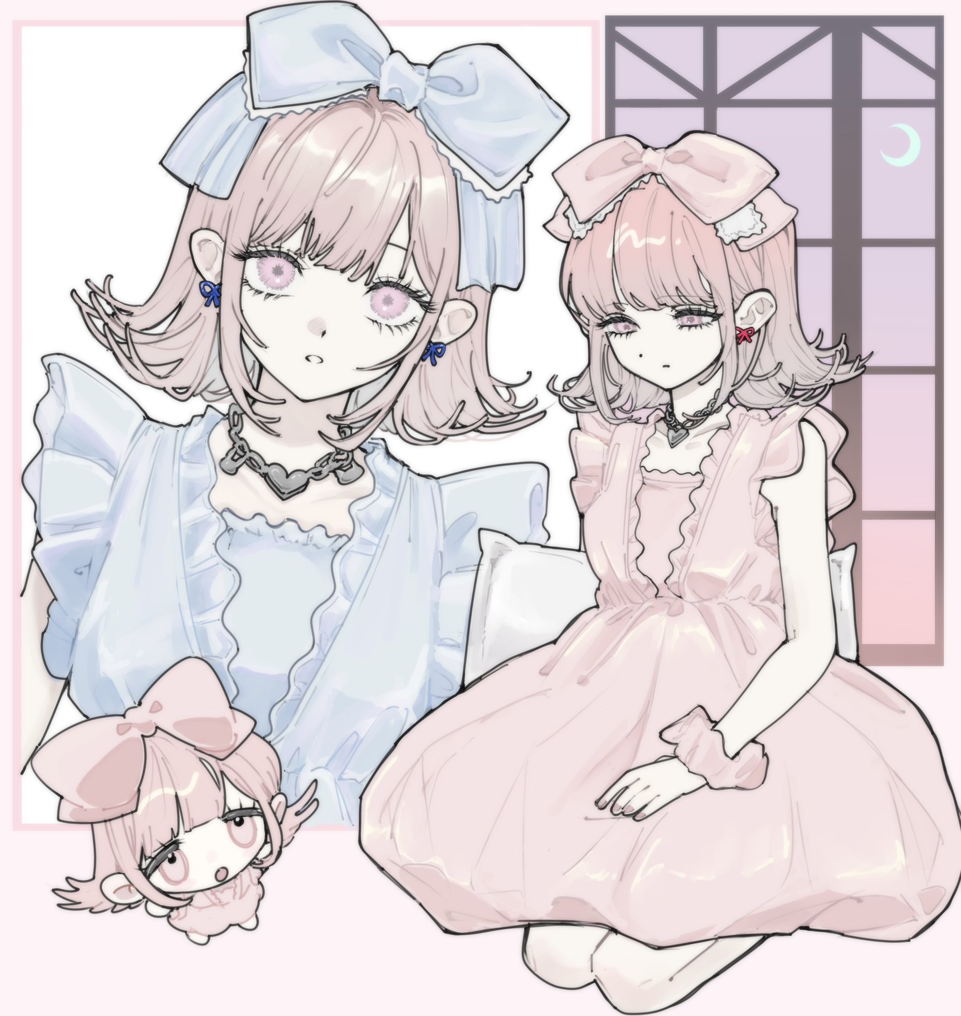 seailand, nanami chiaki, danganronpa (series), danganronpa 2: goodbye despair, highres, 1girl, bare shoulders, blue bow, blue dress, bow, brown hair, chibi, dress, earrings, flat chest, hair bow, hair ornament, jewelry, kneeling, medium hair, necklace, pink bow, pink dress, scrunchie, wrist scrunchie