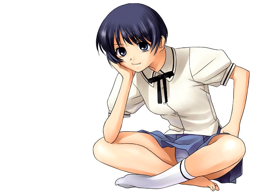 tanaka shoutarou, 1girl, arm support, barefoot, black eyes, black hair, blouse, bow, crossed legs, elbow rest, female focus, hand on own cheek, hand on own face, hand on own hip, hip focus, indian style, miniskirt, panties, pantyshot, school uniform, serafuku, shirt, short hair, simple background, single sock, sitting, skirt, socks, solo, underwear, white background, white panties