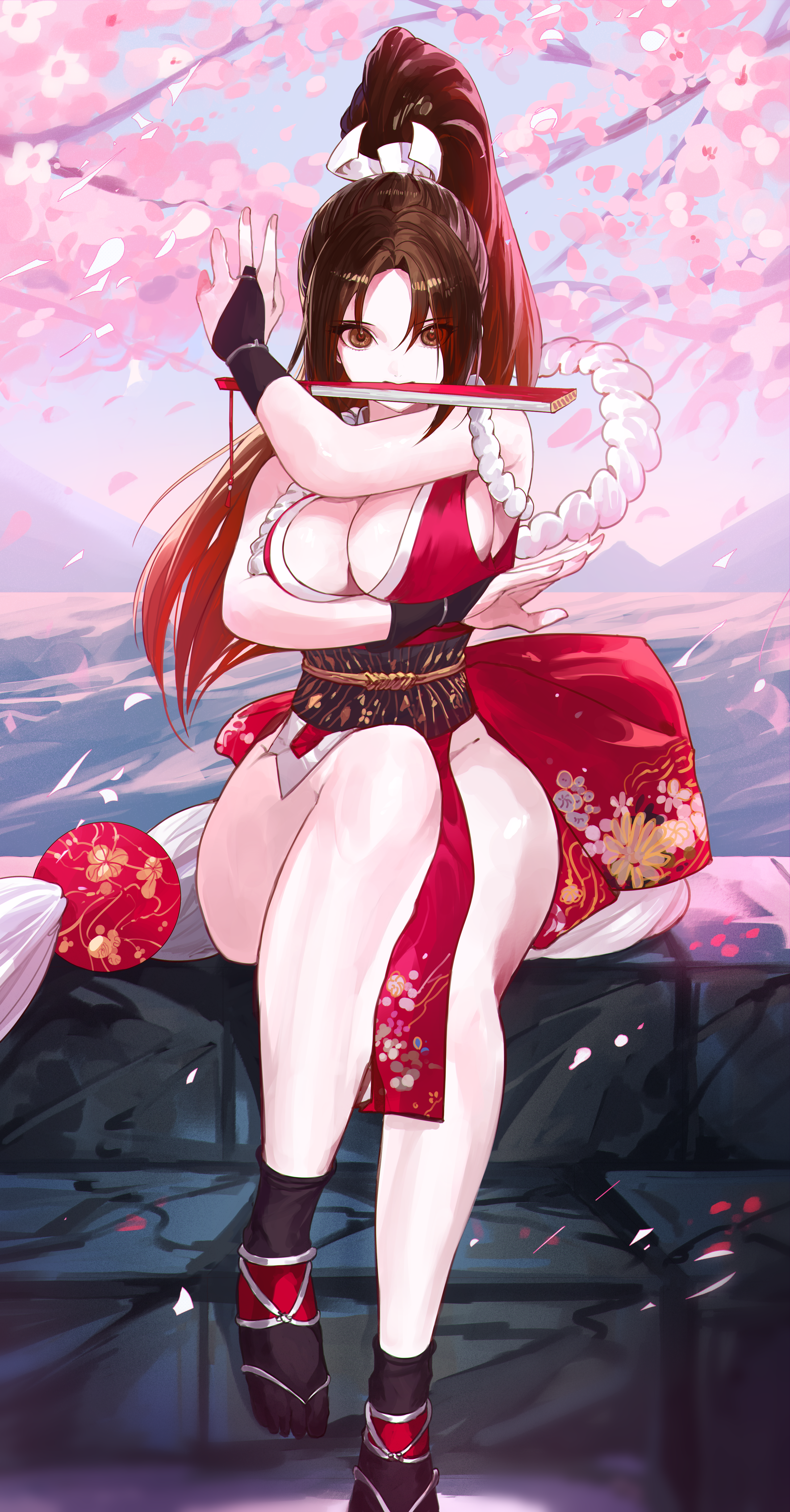 shiranui mai, fatal fury, 1girl, breasts, large breasts, long hair, solo