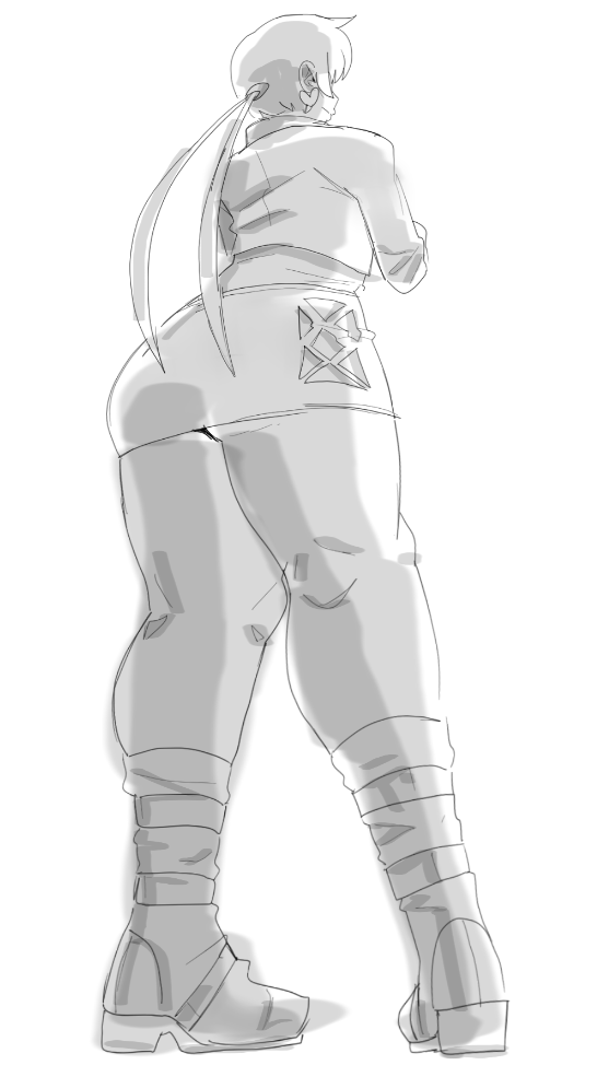 1shermieaday, shermie (kof), the king of fighters, 1girl, boots, clothing cutout, curvy, dress, earrings, female focus, fishnets, from behind, heart, jacket, jewelry, long hair, ponytail, skirt, smile, standing, thick thighs, thighs, twintails, wide hips