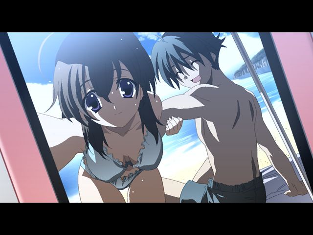 itou makoto (school days), saionji sekai, 0verflow, school days, arm grab, game cg, 00s, 1boy, 1girl, ahoge, arm support, back, beach, bent over, bikini, black hair, blue eyes, breasts, cleavage, closed eyes, cloud, day, hanging breasts, happy, letterboxed, looking back, medium breasts, outdoors, short hair, sky, smile, swimsuit, thigh gap, thighs, water, white bikini