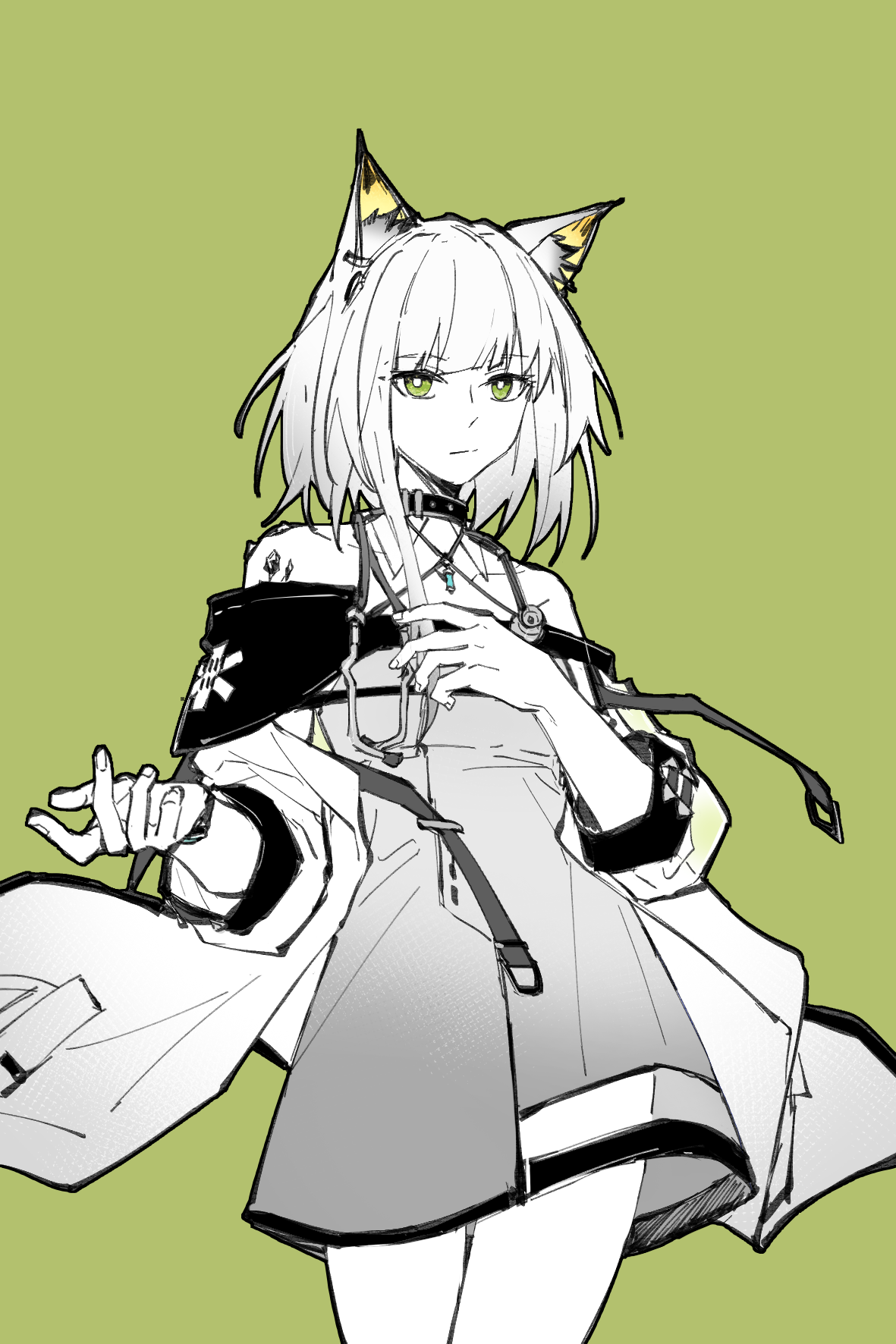 piaoliu ping ping ping pingzi, kal'tsit (arknights), arknights, chinese commentary, commentary request, highres, partial commentary, 1girl, animal ear fluff, animal ears, bare shoulders, closed mouth, colored inner animal ears, cowboy shot, dress, fingernails, green background, green eyes, halter dress, halterneck, looking at viewer, material growth, off shoulder, oripathy lesion (arknights), partially colored, short hair with long locks, simple background, solo, standing, star of life, stethoscope, stethoscope around neck