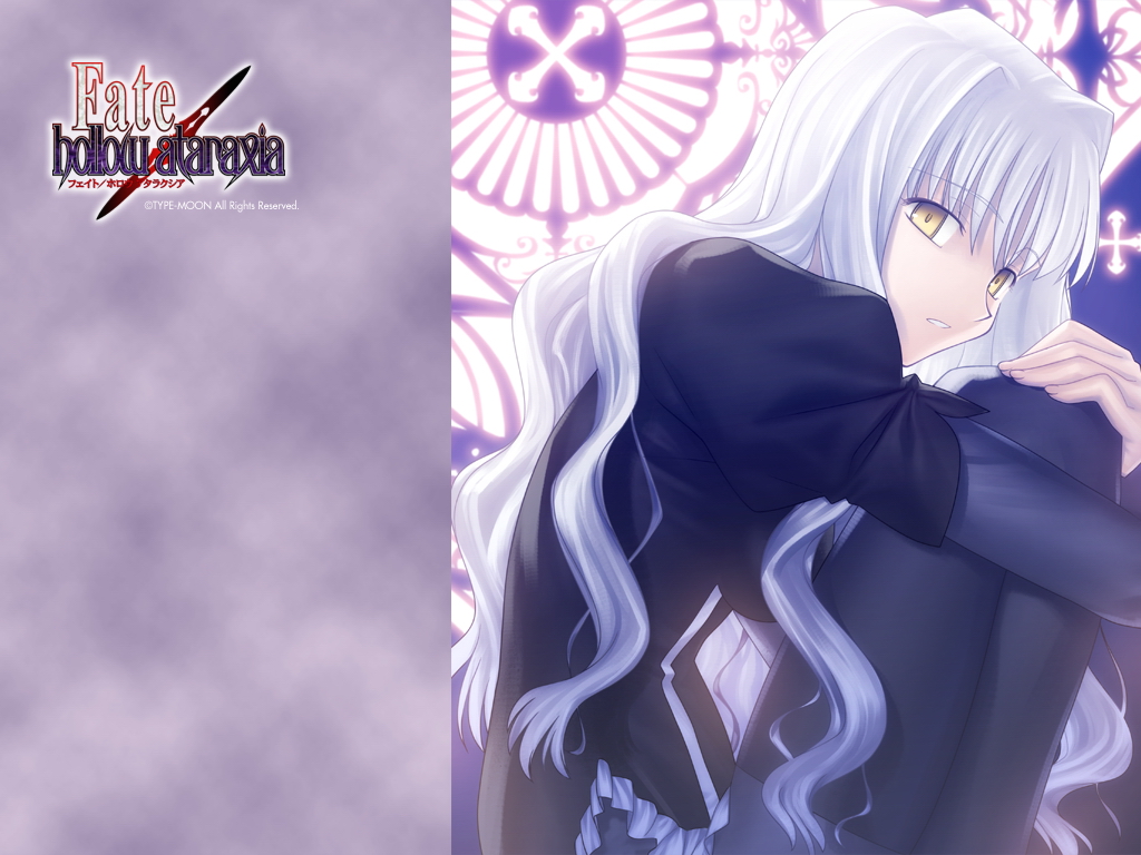 takeuchi takashi, caren hortensia, fate/hollow ataraxia, fate/stay night, fate (series), 00s, 1girl, female focus, layered sleeves, long hair, pantyhose, solo, white hair, yellow eyes