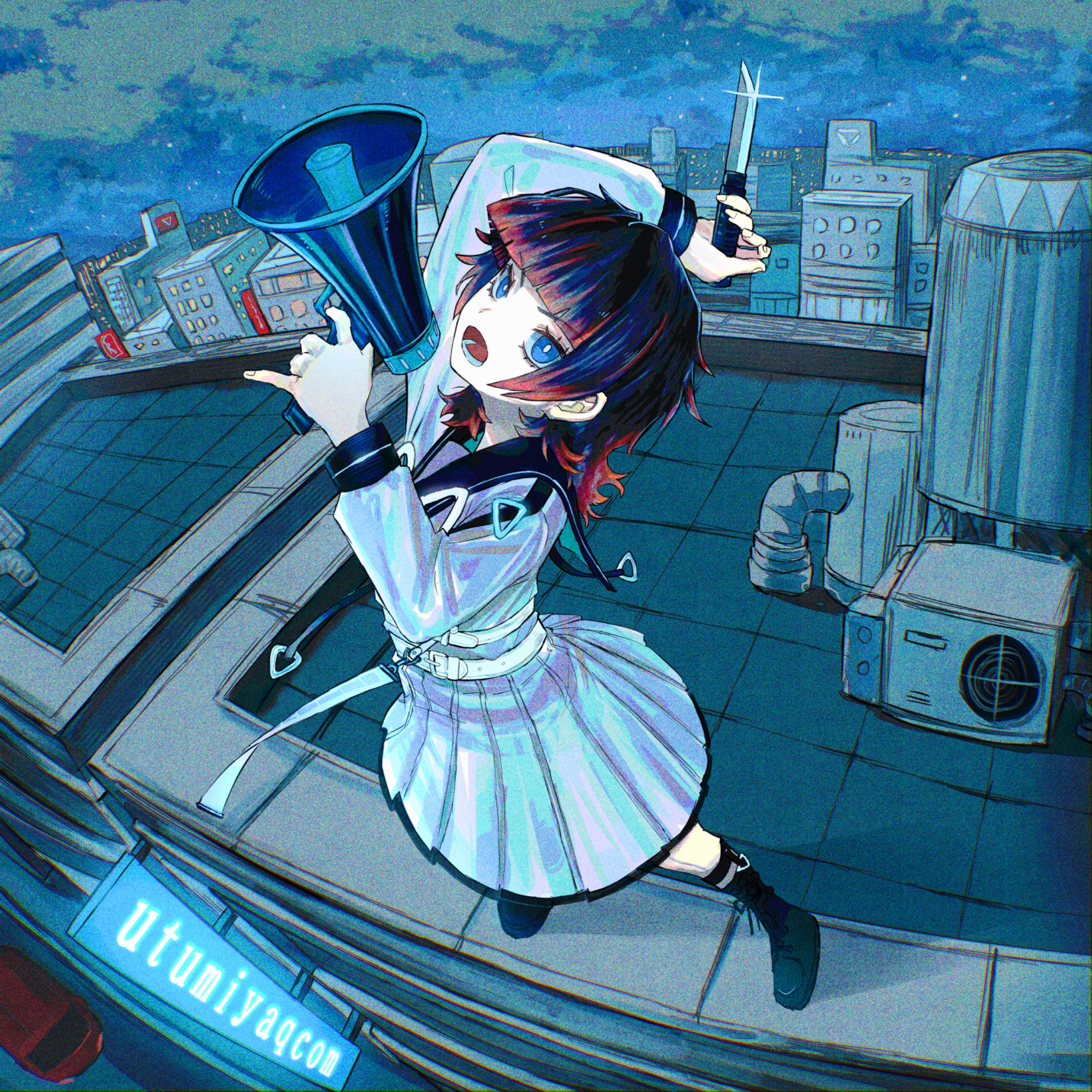 nayoyoki, original, commentary request, highres, official art, 1girl, album cover, belt, black hair, black sailor collar, black shoes, blue eyes, blunt bangs, boots, bright pupils, building, car, cityscape, condenser unit, cover, fisheye, from above, glint, holding, holding knife, holding megaphone, knife, looking at viewer, megaphone, motor vehicle, multicolored hair, open mouth, outdoors, reverse grip, rooftop, sailor collar, school uniform, shirt, shoes, skirt, solo, streaked hair, utsumiya (utumiyqcom), white belt, white pupils, white shirt, white skirt