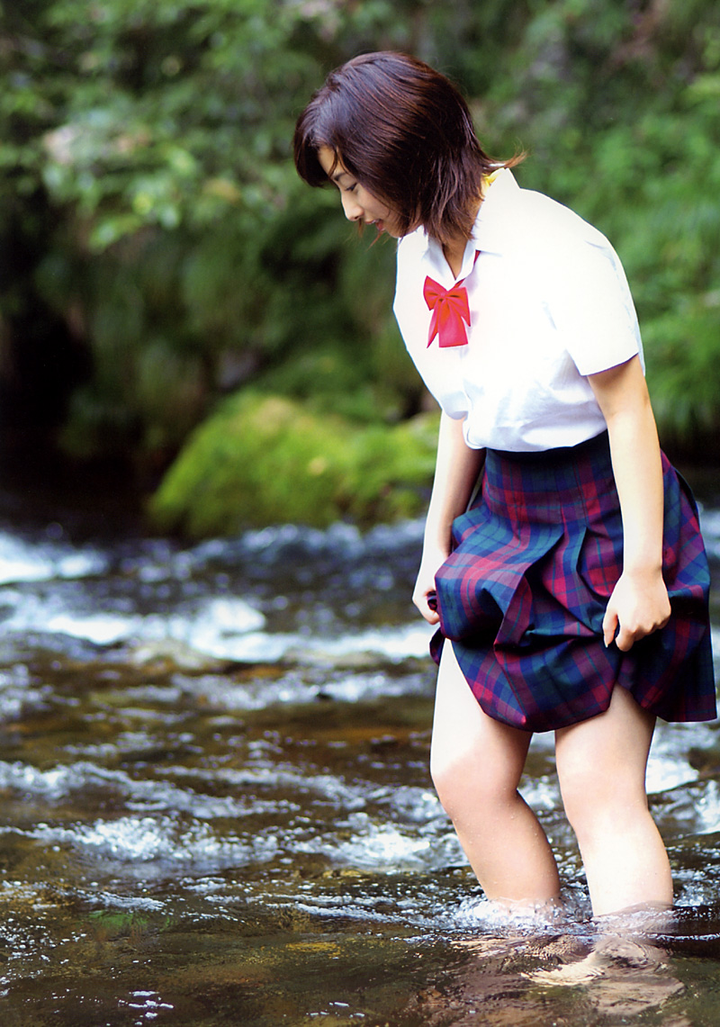 photo (medium), 1girl, asian, female focus, river, school uniform, serafuku, solo