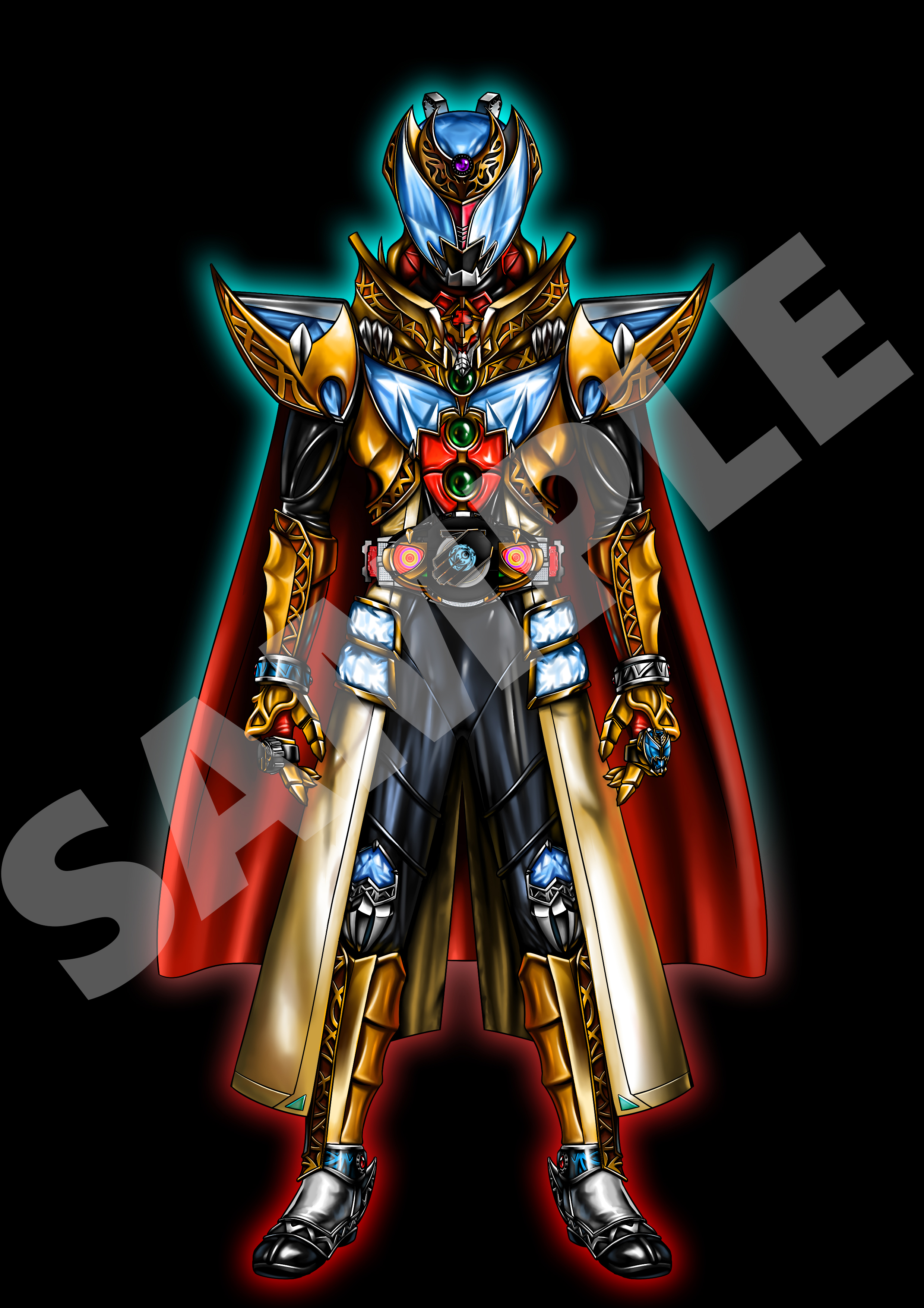 neofrontier, kamen rider kiva, kamen rider kiva (emperor form), kamen rider wizard, kamen rider wizard (infinity style), kamen rider, kamen rider kiva (series), kamen rider wizard (series), absurdres, highres, 1boy, armor, belt, black bodysuit, blue eyes, bodysuit, cape, full armor, fusion, gauntlets, gold armor, helmet, jewelry, looking at viewer, male focus, mask, red cape, ring, solo, standing, tailcoat, tokusatsu