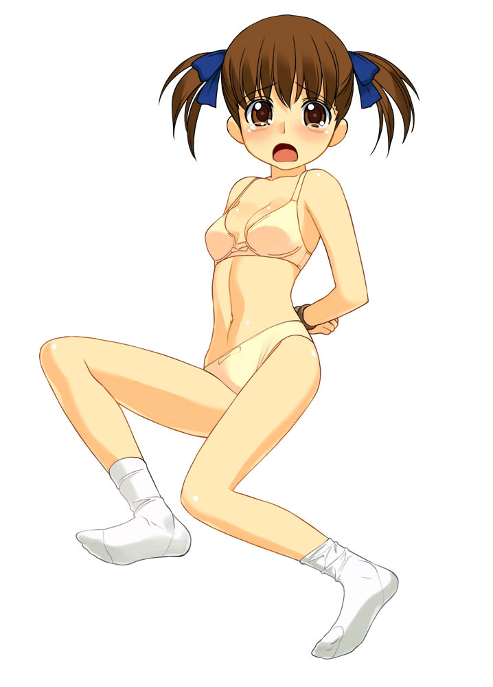 a1 (initial-g), fukuzawa yumi, maria-sama ga miteru, 00s, 1girl, arms behind back, bdsm, bondage, bound, bow, bow panties, bra, breasts, feet, female focus, hair bow, lingerie, loli, open mouth, panties, scared, simple background, small breasts, socks, solo, tears, twintails, underwear, underwear only, white background