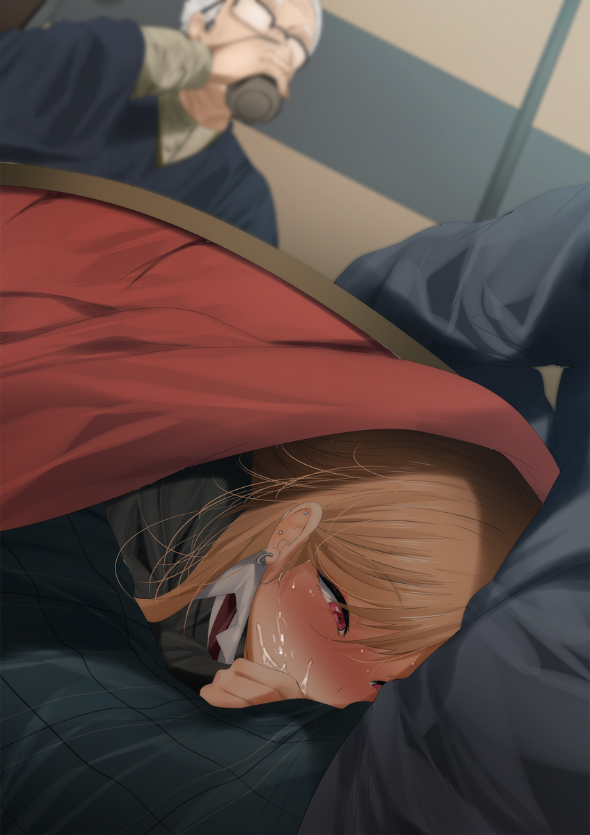 fumihiko (fu mihi ko), gojou kaoru, gojou wakana, kitagawa marin, sono bisque doll wa koi wo suru, highres, 1girl, 2boys, blonde hair, cum, cum in mouth, cup, drinking, earrings, fellatio, hetero, holding, holding cup, indoors, japanese clothes, jewelry, kotatsu, long hair, multiple boys, old, old man, oral, pink eyes, stealth fellatio, stealth sex, table, under kotatsu, under table