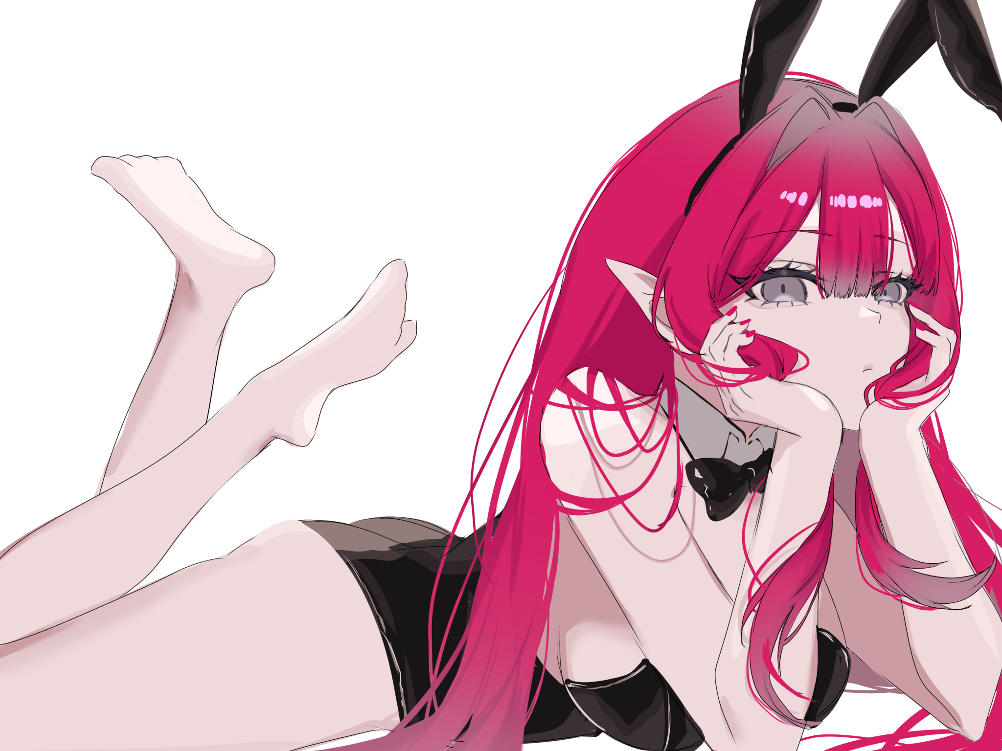 590kogure590, baobhan sith (fate), fate/grand order, fate (series), highres, 1girl, animal ears, bare shoulders, black leotard, bow, bowtie, breasts, detached collar, fake animal ears, grey eyes, large breasts, leotard, long hair, looking at viewer, lying, on stomach, pantyhose, pink hair, playboy bunny, pointy ears, rabbit ears, sidelocks, solo, white pantyhose