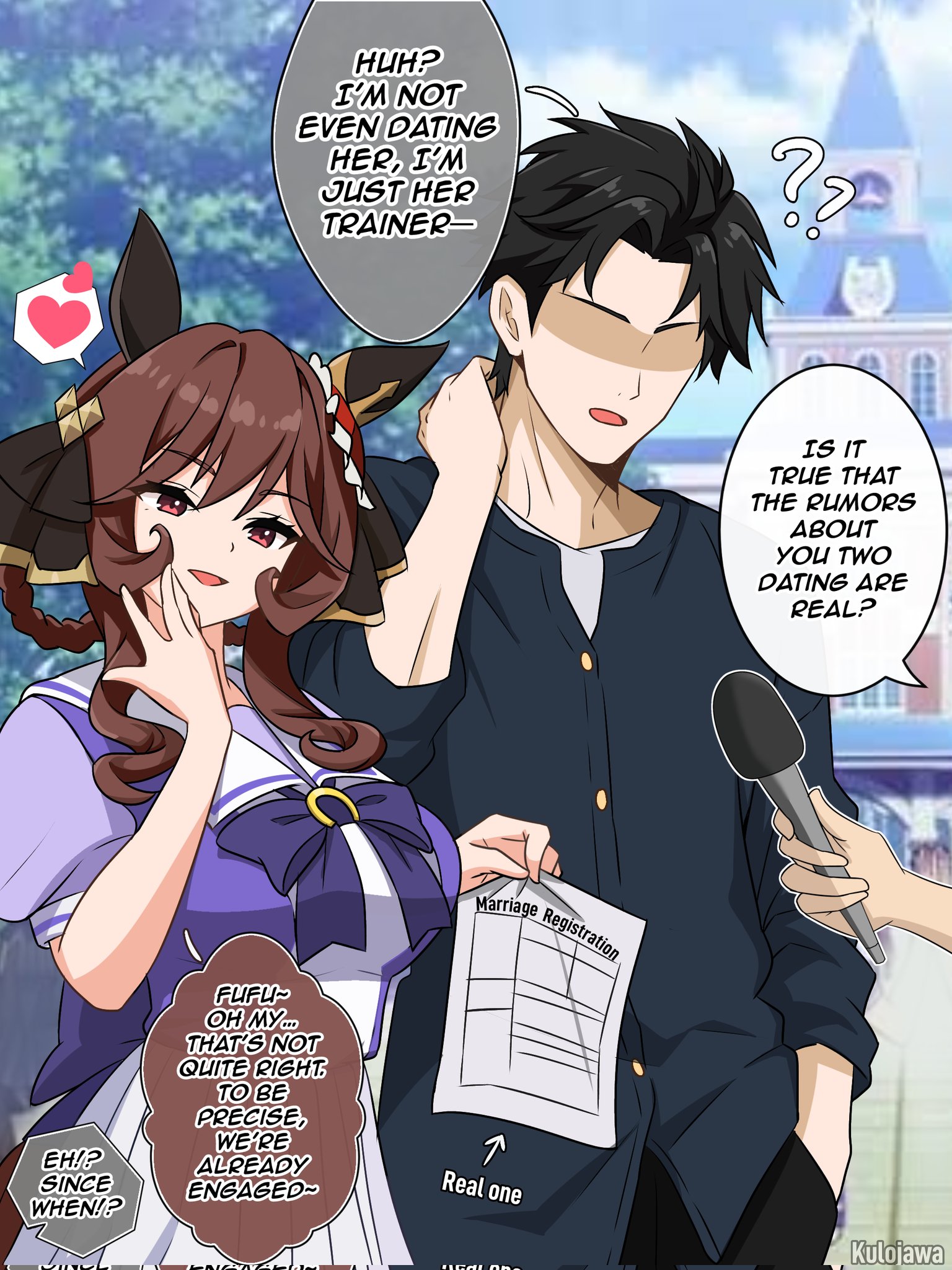 kulojawa, gentildonna (umamusume), umamusume, highres, 1boy, 1girl, animal ears, braid, braided hair rings, ear covers, ear ornament, english text, hair rings, heart, holding, holding microphone, holding paper, horse ears, horse girl, horse tail, marriage certificate (object), microphone, no eyes, paper, purple serafuku, school uniform, serafuku, single ear cover, spoken heart, tail, tracen school uniform