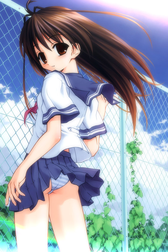 hiroyama hiroshi, 1girl, back, blue panties, brown eyes, brown hair, female focus, long hair, looking back, miniskirt, panties, pantyshot, pleated skirt, school uniform, serafuku, skirt, solo, standing, striped clothes, striped panties, underwear, wind, wind lift