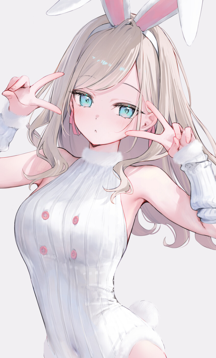 mignon, ceras yanagida lilienfeld, link! like! love live!, love live!, highres, 1girl, animal ear hairband, animal ears, armpits, bare shoulders, blue eyes, blush, closed mouth, covered navel, double v, fake animal ears, fake tail, grey hair, hairband, leotard, long hair, looking at viewer, rabbit ear hairband, rabbit ears, rabbit girl, rabbit tail, sleeveless, solo, swept bangs, tail, v, virtual youtuber, white arm warmers