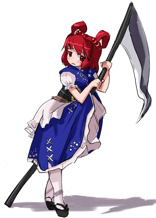 hirosato, onozuka komachi, touhou, 1girl, blush, female focus, hair bobbles, hair ornament, japanese clothes, red eyes, red hair, scythe, sexually suggestive, simple background, solo, twintails, two side up, white background