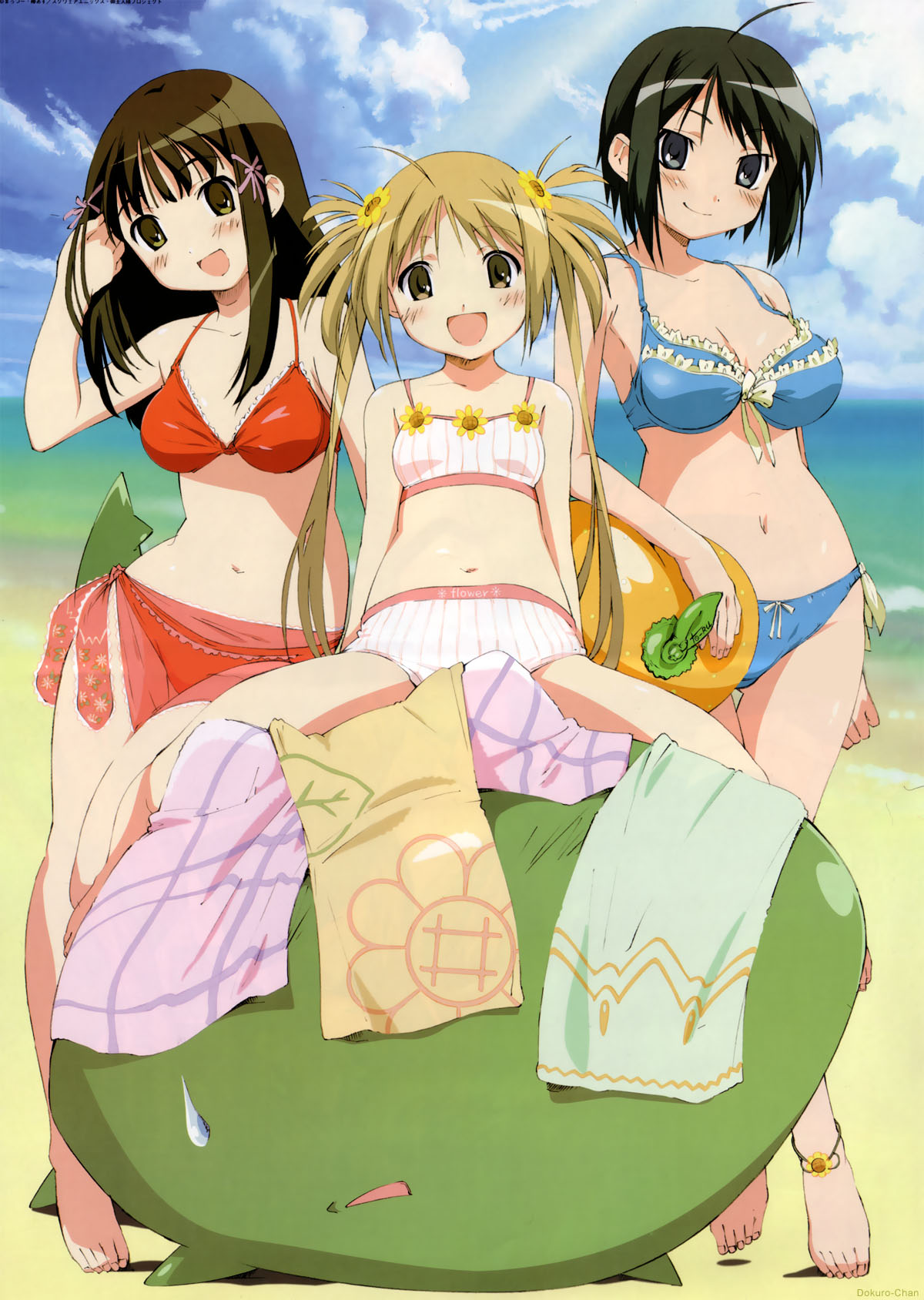 kurauchi anna, pochi (kore ga watashi no goshujin-sama), sawatari izumi, sawatari mitsuki, kore ga watashi no goshujin-sama, light brown hair, plaid, artist request, highres, official art, scan, 00s, 3girls, :d, adjusting hair, ahoge, anklet, ball, barefoot, beach, beach towel, beachball, bikini, black hair, blonde hair, blue bikini, blue eyes, bow, bow bikini, breasts, brown eyes, brown hair, clothes writing, cloud, covered eyes, crocodile, crocodilian, day, english text, feet, floral print, flower, frilled bikini, frills, front-tie top, hair flower, hair ornament, hairclip, head tilt, hip focus, holding, jewelry, large breasts, light rays, light smile, long hair, looking at viewer, multiple girls, navel, ocean, open mouth, outdoors, parted bangs, pinstripe pattern, quad tails, reclining, red bikini, sarong, see-through clothes, see-through sarong, short hair, siblings, side-tie bikini bottom, sisters, sitting, sitting on head, sitting on person, sky, small breasts, smile, sports bikini, spread legs, standing, straddling, striped bikini, striped clothes, sunbeam, sunflower, sunlight, sweatdrop, swimsuit, tankini, thigh gap, tiptoes, toes, towel, twintails, very long hair, water, watermark, white bikini, wide hips