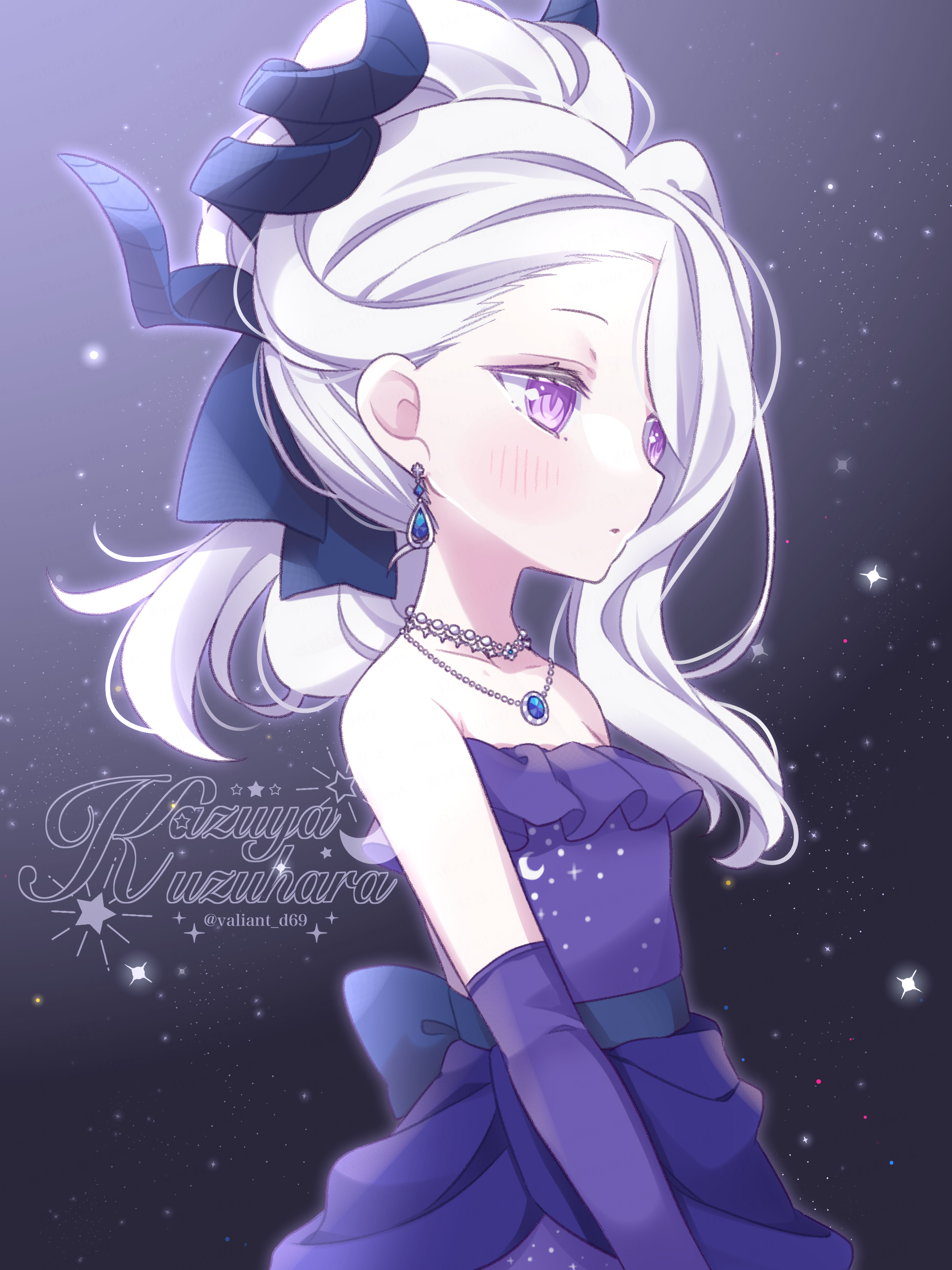 kuzuhara kazuya, hina (blue archive), blue archive, absurdres, highres, 1girl, blush, breasts, demon girl, demon horns, dress, earrings, elbow gloves, gloves, horns, jewelry, long hair, necklace, pendant, purple dress, purple eyes, purple gloves, small breasts, solo, white hair