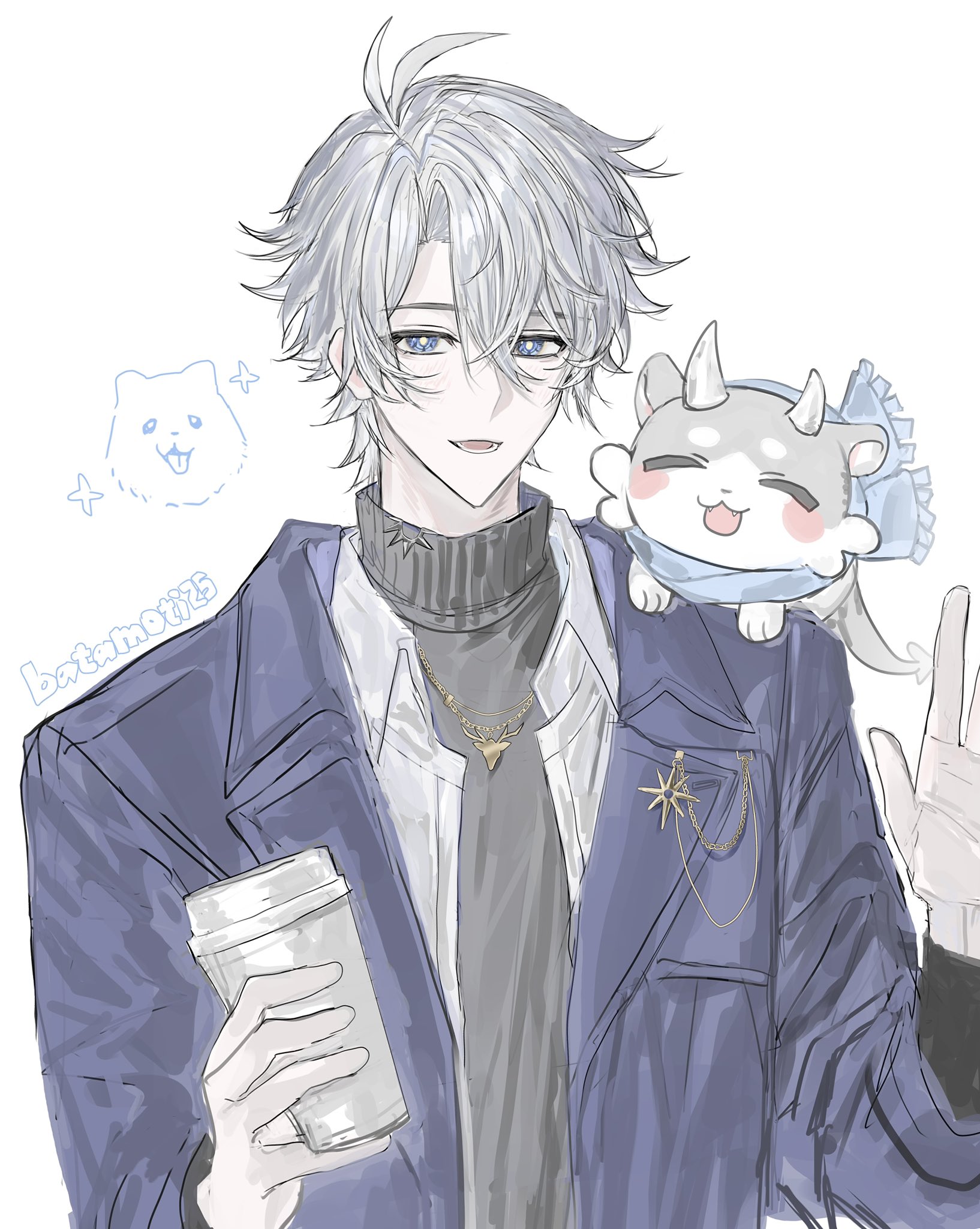 batamoti25, phainon (honkai: star rail), honkai: star rail, honkai (series), highres, 1boy, antenna hair, black shirt, blue coat, chimera (honkai: star rail), coat, creature, crossed bangs, cup, dog, grey hair, hair between eyes, holding, holding cup, looking at viewer, male focus, official alternate costume, open clothes, open coat, open mouth, parted bangs, phainon (luckin coffee) (honkai: star rail), shirt, short hair, simple background, smile, solo, twitter username, upper body, waving, white background