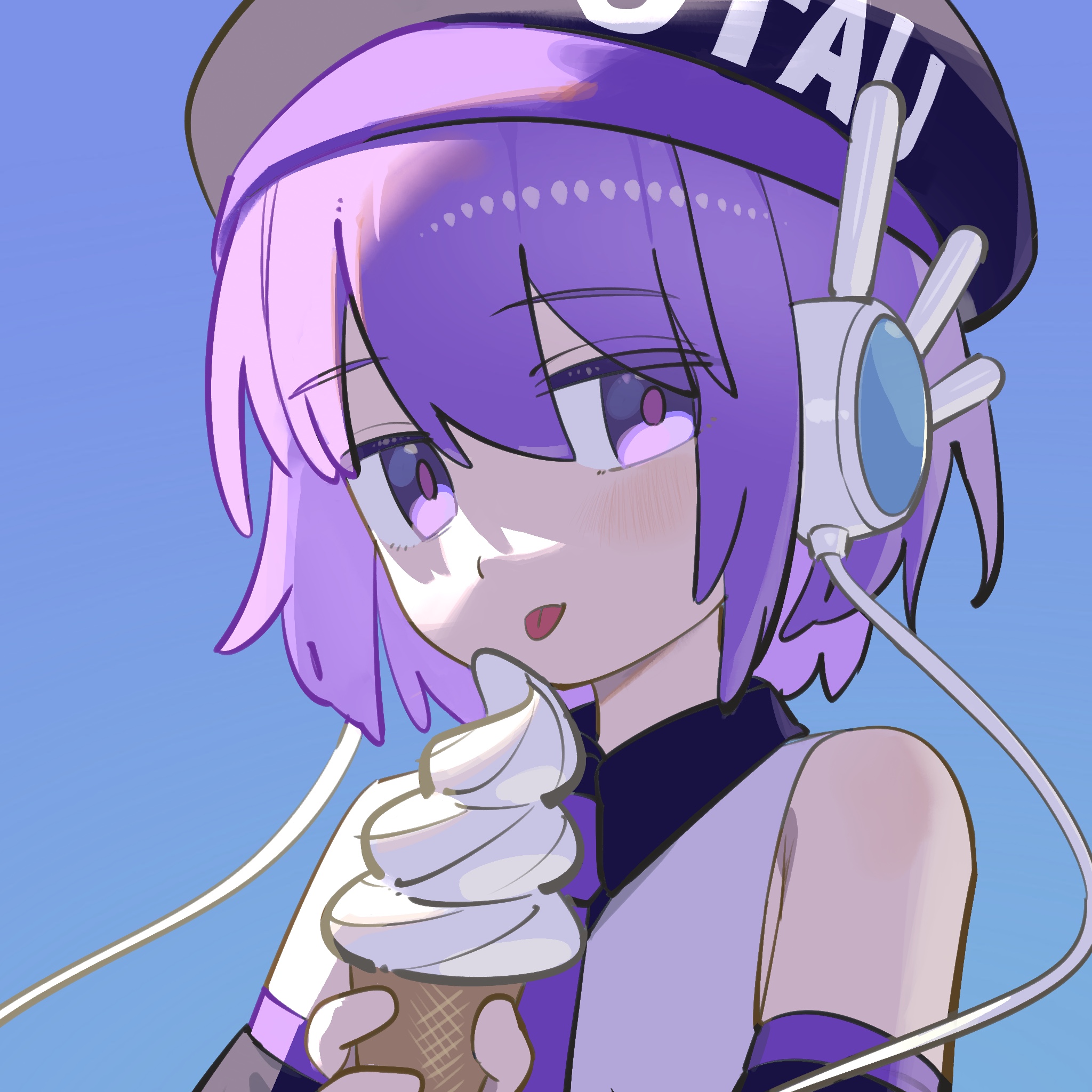 inemuri (jdq5e), utane uta, utau, highres, 1girl, bare shoulders, beret, black hat, black sleeves, blue background, collared shirt, detached sleeves, eyes visible through hair, food, hair between eyes, hat, headphones, holding, holding food, holding ice cream, ice cream, looking at viewer, necktie, purple eyes, purple hair, purple necktie, purple trim, shirt, short hair, sleeveless, sleeveless shirt, tongue, tongue out, white shirt