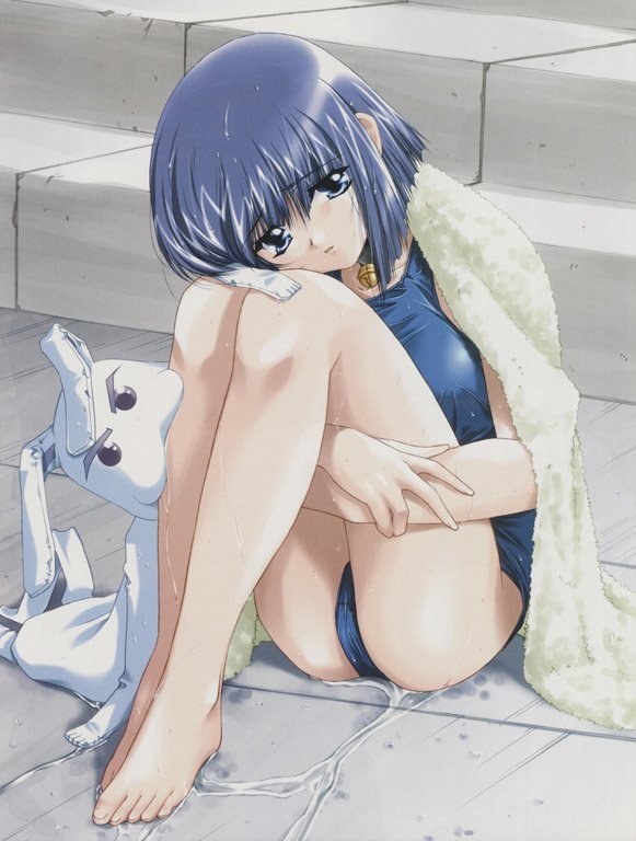 kawai masaki, shiromiya momiji, momiji ~watashi ningyou ja arimasen, 1girl, barefoot, blue eyes, blue hair, bob cut, female focus, hugging own legs, legs together, matching hair/eyes, one-piece swimsuit, school swimsuit, short hair, sitting, solo, swimsuit, towel, water, wet