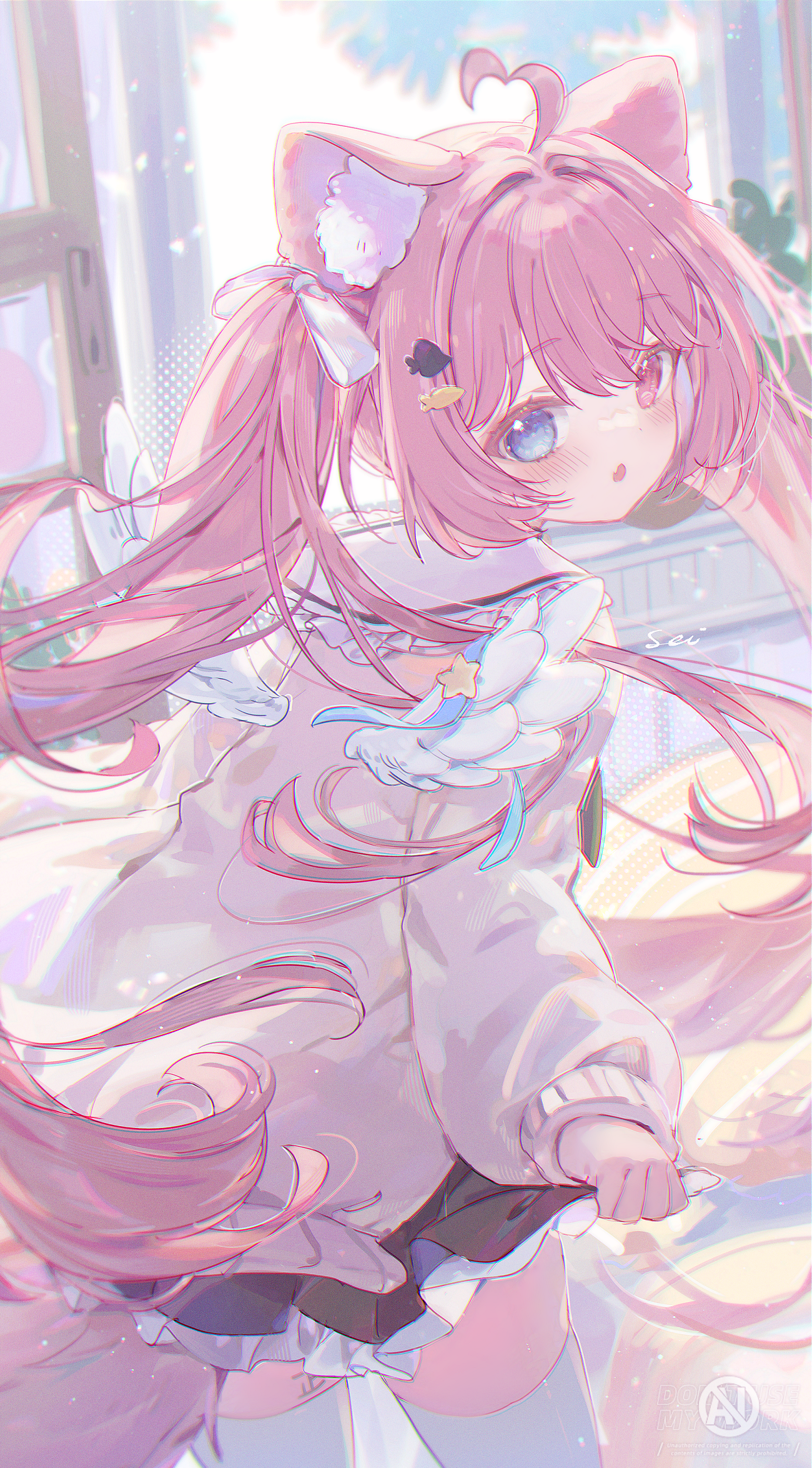 umehara sei, original, highres, 1girl, ahoge, angel wings, animal ears, black skirt, blue eyes, blush, cardigan, cat ears, chromatic aberration, fang, frills, from behind, hair ornament, hair ribbon, hairclip, heart, heart ahoge, heterochromia, long hair, long sleeves, looking back, multicolored eyes, pink cardigan, pink eyes, pink hair, ribbon, sailor collar, skin fang, skirt, solo, solo focus, sunlight, twintails, two-tone eyes, very long hair, watermark, white ribbon, window, wings