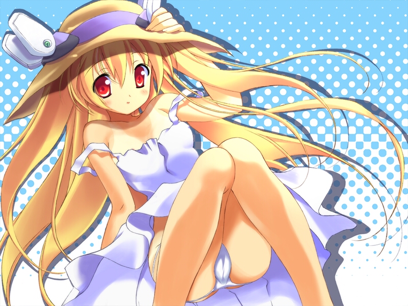 mizukimaru, milfaria floyheim, tenkuu no symphonia, 1girl, bikini tan, blonde hair, blush, cameltoe, dress, female focus, hat, long hair, lowleg, lowleg panties, no bra, panties, pantyshot, red eyes, sitting, skirt, solo, strap slip, sundress, tan, tanline, underwear, white dress, white panties, white skirt