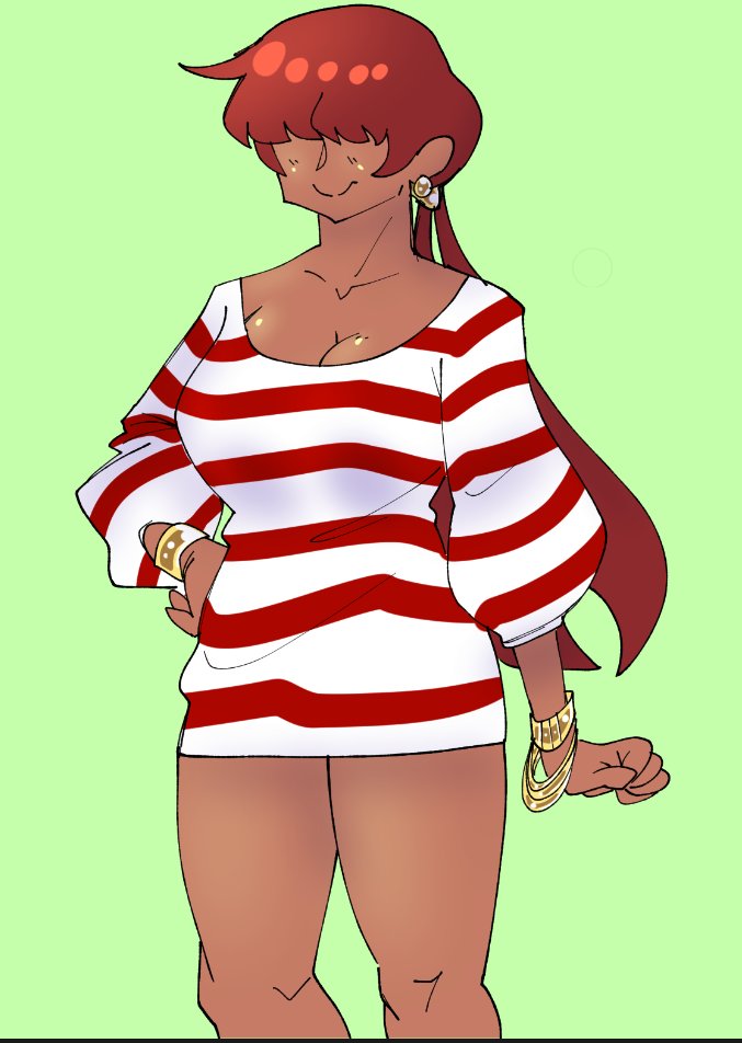 1shermieaday, shermie (kof), the king of fighters, 1girl, breasts, curvy, dark-skinned female, dark skin, dress, earrings, female focus, gold, huge breasts, jewelry, large breasts, long hair, marellartt, ponytail, red hair, skirt, smile, smiley face, standing, sweater, tan, thick thighs, thighs, wide hips