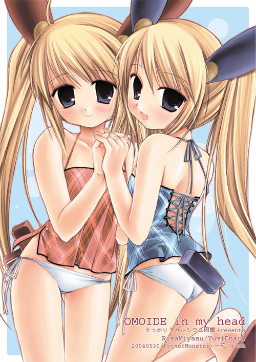 miyasu risa, minun, plusle, nintendo, pokemon, 2girls, animal ears, back, blonde hair, blue eyes, blush, breast press, breasts, camisole, flat chest, gen 3 pokemon, leg lift, lingerie, loli, looking back, lowleg, lowleg panties, multiple girls, panties, personification, pokemon tail, rabbit ears, siblings, side-tie panties, sisters, small breasts, symmetrical docking, tail, thigh gap, thighs, twins, twintails, underwear, white panties
