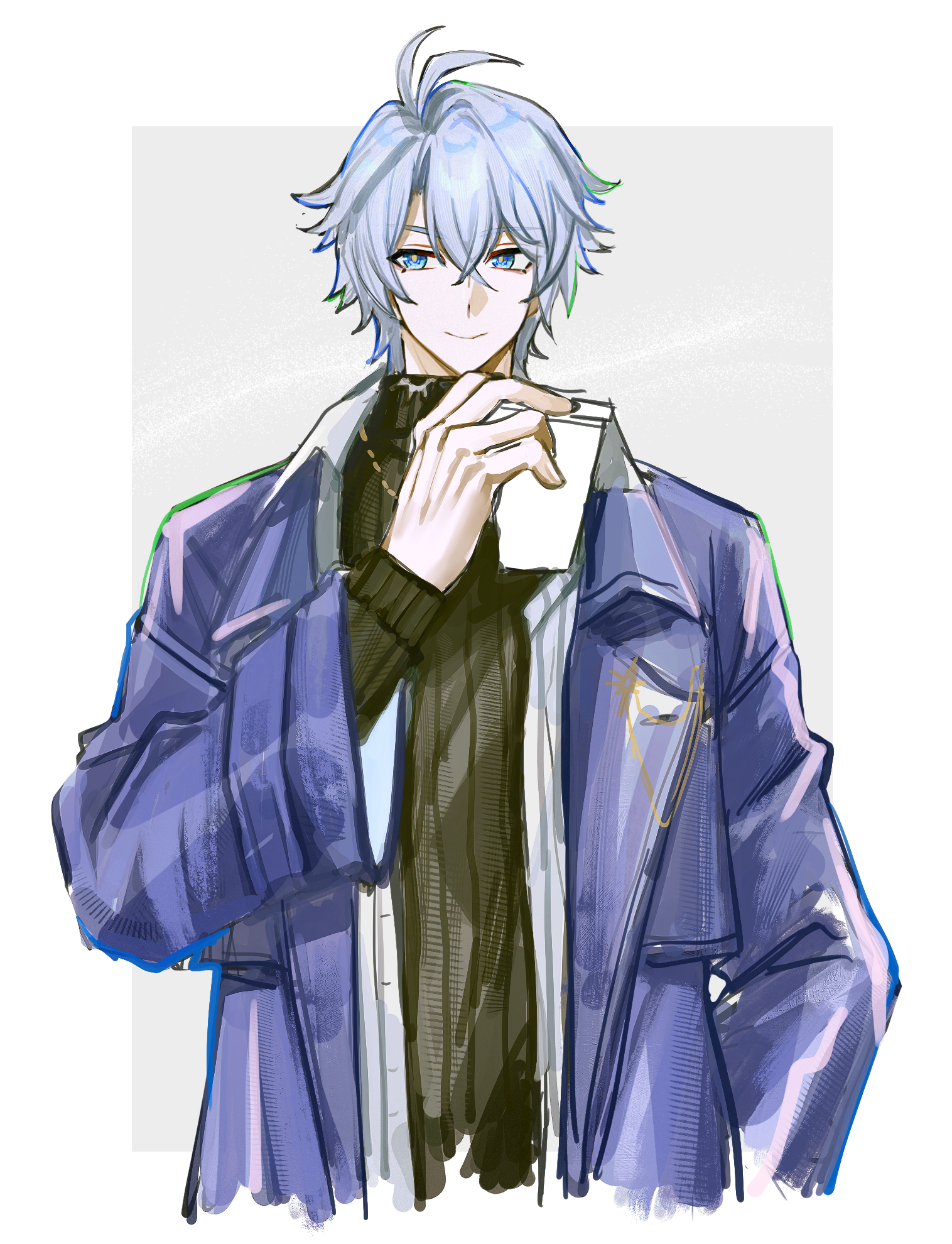 teugga3162, phainon (honkai: star rail), honkai: star rail, honkai (series), highres, 1boy, antenna hair, black shirt, blue eyes, closed mouth, coat, crossed bangs, cup, grey hair, hair between eyes, hand up, holding, holding cup, jacket, male focus, official alternate costume, open clothes, open coat, parted bangs, phainon (luckin coffee) (honkai: star rail), purple jacket, shirt, short hair, smile, solo, upper body, yellow pupils