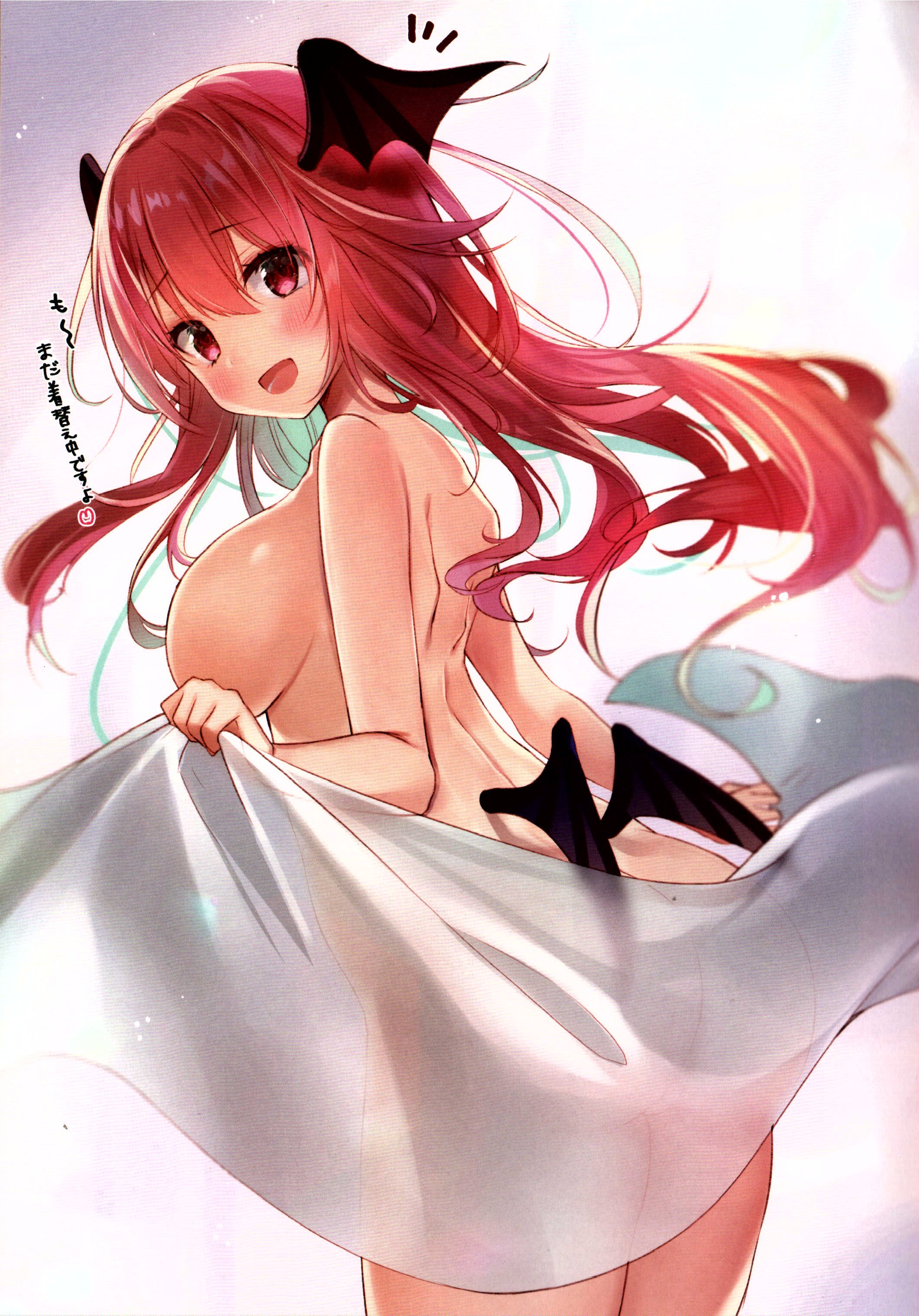 natsuki (ukiwakudasai), koakuma, touhou, absurdres, highres, scan, third-party source, translated, 1girl, :d, ass, bed sheet, blush, breasts, cowboy shot, demon wings, head wings, holding, large breasts, leaning forward, linea alba, long hair, looking at viewer, looking back, low wings, mini wings, naked sheet, nude, open mouth, red eyes, red hair, smile, solo, wings
