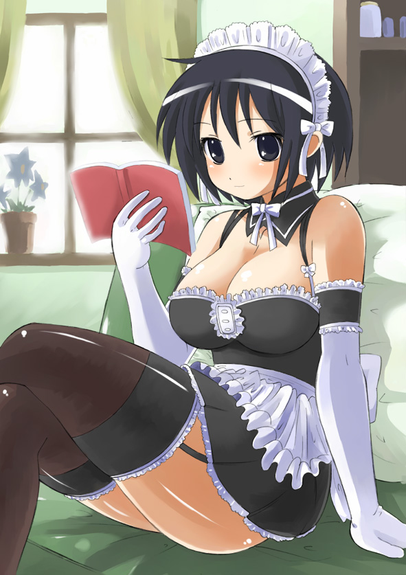 sawatari izumi, kore ga watashi no goshujin-sama, artist request, 00s, 1girl, arm garter, arm support, bare shoulders, black hair, black thighhighs, blush, book, breasts, cleavage, couch, crossed legs, curtains, day, detached collar, dot nose, elbow gloves, feet out of frame, female focus, flower, flower pot, garter straps, gloves, indoors, large breasts, maid, maid headdress, medium breasts, nakabayashi yoshitaka's maid uniform, no bra, on couch, open book, plant, potted plant, reading, sitting, solo, thighhighs, white gloves, window, zettai ryouiki