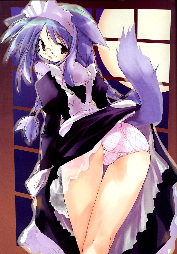 e=mc2 (mosimosi), 1girl, animal ears, ass, back, blue hair, braid, checkered clothes, checkered panties, dog ears, dog tail, dress, female focus, from behind, full moon, glasses, grey eyes, lingerie, looking back, maid, moon, panties, pantyshot, petticoat, plaid clothes, plaid panties, purple panties, solo, standing, tail, thigh gap, thighs, twin braids, underwear, upskirt