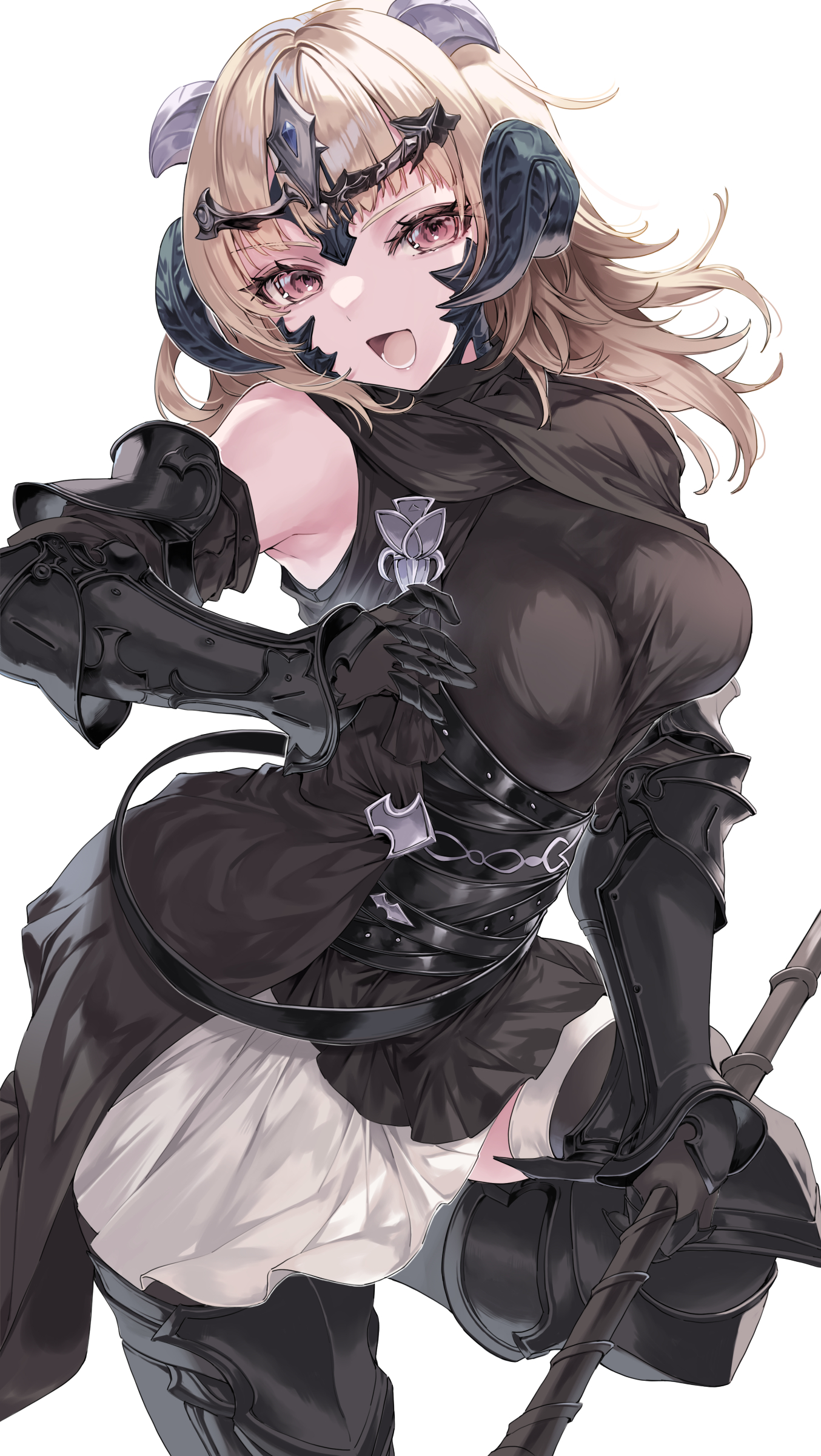 hime gyo, warrior of light (ff14), final fantasy, final fantasy xiv, absurdres, highres, 1girl, armored boots, au ra, black shirt, blonde hair, boots, breasts, circlet, dragon girl, dragon horns, holding, holding polearm, holding weapon, horns, looking at viewer, polearm, red eyes, scales, shirt, simple background, skirt, solo, vambraces, weapon, white background, white skirt