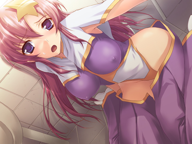 tomose shunsaku, meer campbell, gundam, gundam seed, gundam seed destiny, 00s, 1girl, armpits, blue eyes, blush, breasts, covered erect nipples, dutch angle, female focus, hair ornament, highleg, highleg leotard, impossible clothes, impossible shirt, kneeling, large breasts, leotard, long hair, open mouth, pink hair, purple leotard, shirt, skirt, socks, solo, star (symbol), star hair ornament, sweat, white leotard