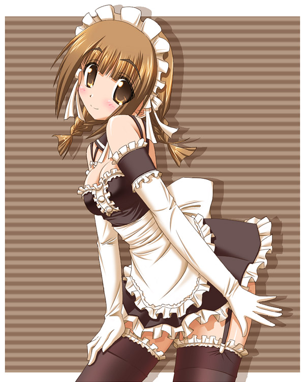 hirorin, nekono matatabi, momose kurumi, kore ga watashi no goshujin-sama, pani poni dash!, 00s, 1girl, alternate costume, apron, arm garter, bare shoulders, black thighhighs, blush, border, braid, breasts, brown eyes, brown hair, cleavage, cosplay, cowboy shot, detached collar, dot nose, elbow gloves, enmaided, female focus, garter straps, gloves, leaning forward, light smile, looking at viewer, maid, maid headdress, medium breasts, nakabayashi yoshitaka's maid uniform, outside border, small breasts, smile, solo, standing, striped background, thighhighs, twin braids, white apron, white border, white gloves, zettai ryouiki