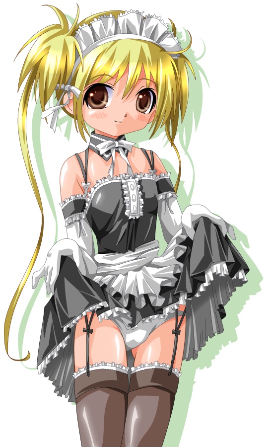 ktman, sawatari mitsuki, kore ga watashi no goshujin-sama, 00s, 1girl, arm garter, bare shoulders, blonde hair, blush, brown eyes, brown thighhighs, clothes lift, cowboy shot, detached collar, dress, dress lift, elbow gloves, facing viewer, female focus, flashing, flat chest, garter belt, garter straps, gloves, legs together, lifting own clothes, lingerie, loli, looking at viewer, maid, maid headdress, nakabayashi yoshitaka's maid uniform, panties, presenting, simple background, skirt, skirt lift, smile, solo, standing, thigh gap, thighhighs, underwear, white background, white gloves, white panties, yellow eyes
