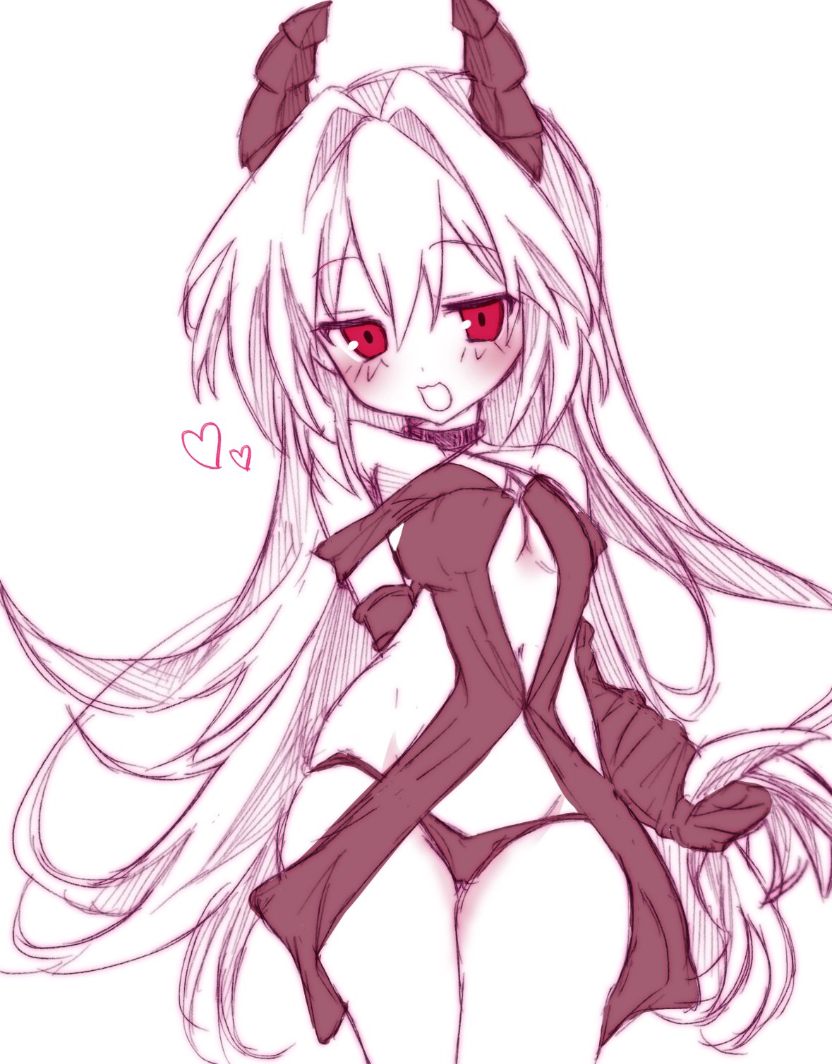 konjiki no yami, konjiki no yami (darkness mode), to love-ru, to love-ru darkness, commentary request, highres, 1girl, :3, :d, arm behind back, azumaru a, bare shoulders, black choker, black dress, black panties, blush, breasts, choker, claws, cleavage, cowboy shot, criss-cross halter, demon girl, demon horns, dress, floating hair, hair between eyes, hair intakes, halterneck, heart, horns, limited palette, long hair, looking at viewer, medium breasts, navel, open mouth, panties, red eyes, revealing clothes, simple background, sketch, smile, solo, underwear, very long hair, white background