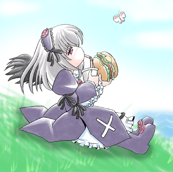 imai kazunari, suigintou, rozen maiden, silver hair, 00s, 1girl, bug, burger, butterfly, chibi, chibi only, dress, drinking, female focus, food, hairband, insect, lolita fashion, long hair, red eyes, sitting, solo, wings