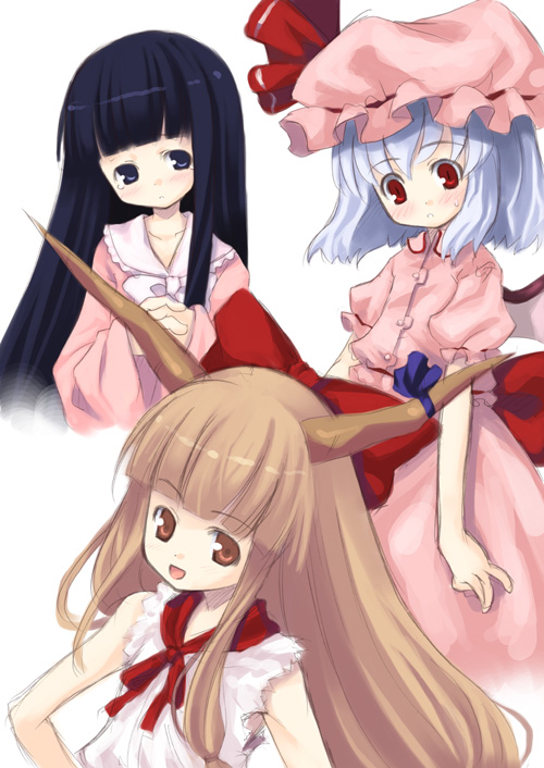 kagura mizuki, houraisan kaguya, ibuki suika, remilia scarlet, touhou, 3girls, bat wings, black eyes, black hair, blue hair, blush, bow, brown eyes, brown hair, female focus, hair bow, hat, hat ribbon, horns, long hair, mob cap, multiple girls, pink hat, red eyes, ribbon, short hair, wings