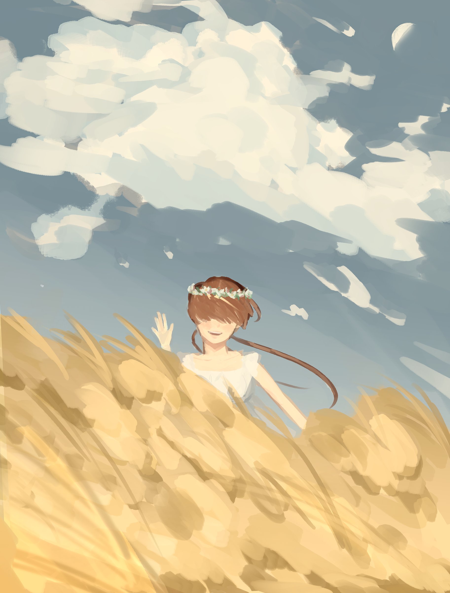 dan koflove, shermie (kof), the king of fighters, 1girl, breasts, dress, female focus, field, flower, hair flower, hair ornament, large breasts, long hair, outdoors, ponytail, red hair, sky, smile, smiley face, twintails