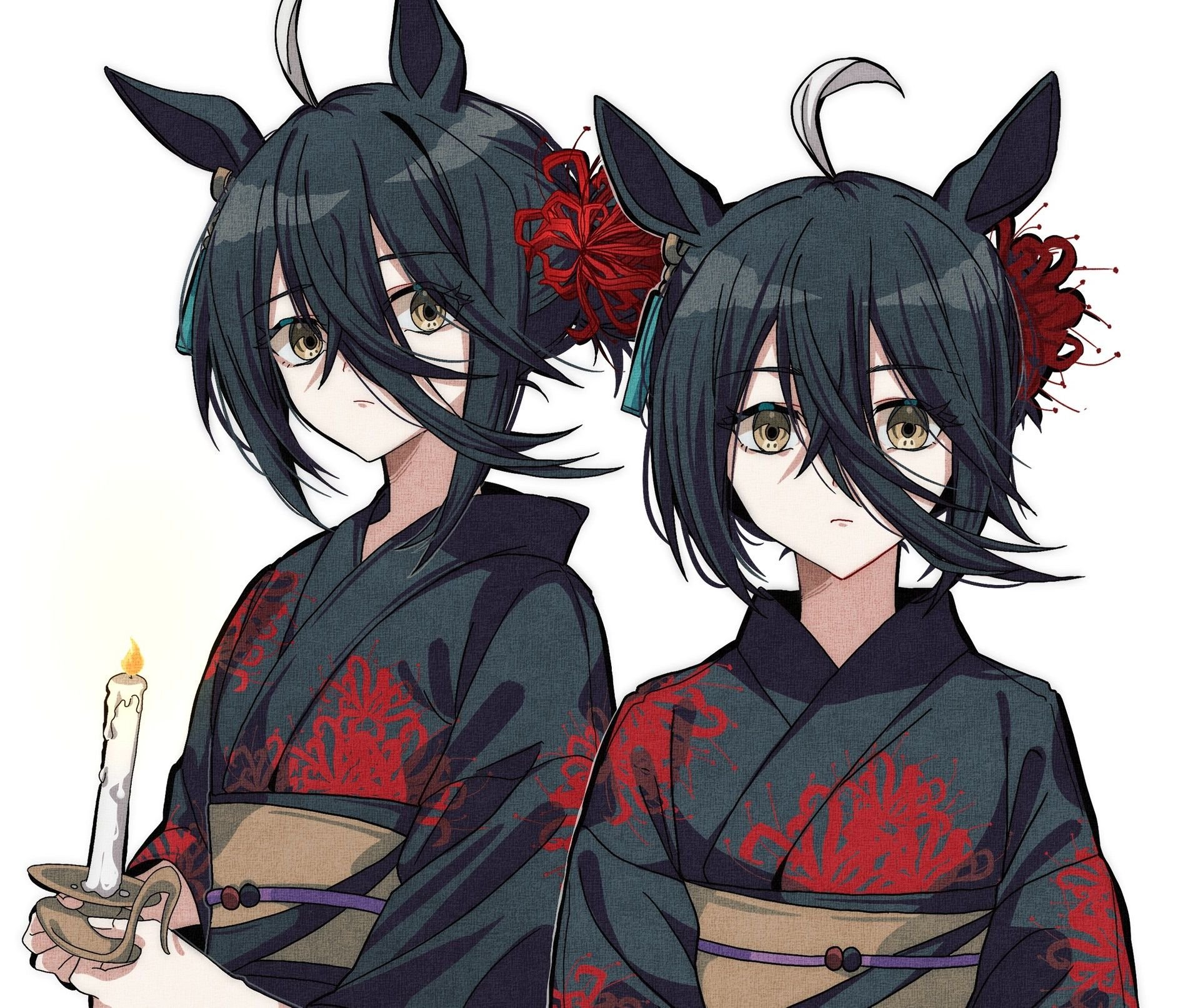 pokarii zuu, manhattan cafe (umamusume), umamusume, highres, 1girl, ahoge, alternate costume, animal ears, black kimono, brown sash, candle, closed mouth, floral print, flower, hair bun, hair flower, hair ornament, holding, holding candle, horse ears, horse girl, japanese clothes, kimono, long bangs, long hair, obi, red flower, sash, sidelocks, solo, spider lily, spider lily print, upper body, very long hair, yellow eyes