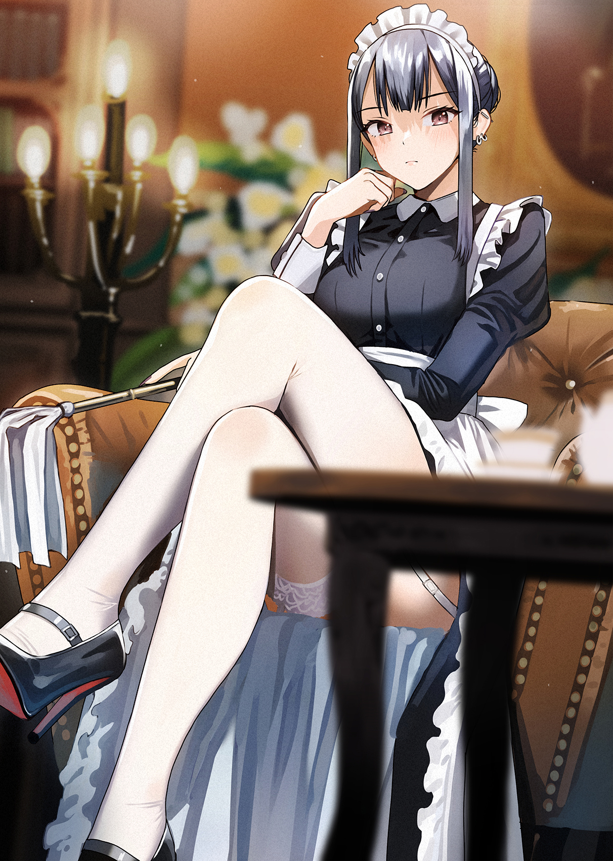 doushimasho, original, commentary request, highres, 1girl, armchair, black hair, black shirt, black shoes, blurry, blurry background, bookshelf, brown eyes, candlestand, chair, closed mouth, crossed legs, depth of field, ear piercing, flower, holding, indoors, looking at viewer, maid, maid headdress, multiple piercings, on chair, piercing, shirt, shoes, short hair with long locks, sitting, solo, table, thighhighs, white flower, white thighhighs