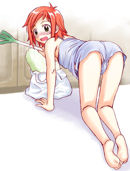 yuzu (hide and seek), murakami natsumi (negima), mahou sensei negima!, 00s, 1girl, all fours, ass, bag, barefoot, blush, cabbage, camisole, female focus, freckles, from behind, green eyes, orange hair, panties, pantyshot, shopping bag, short shorts, shorts, soles, solo, spring onion, underwear, upshorts, white panties